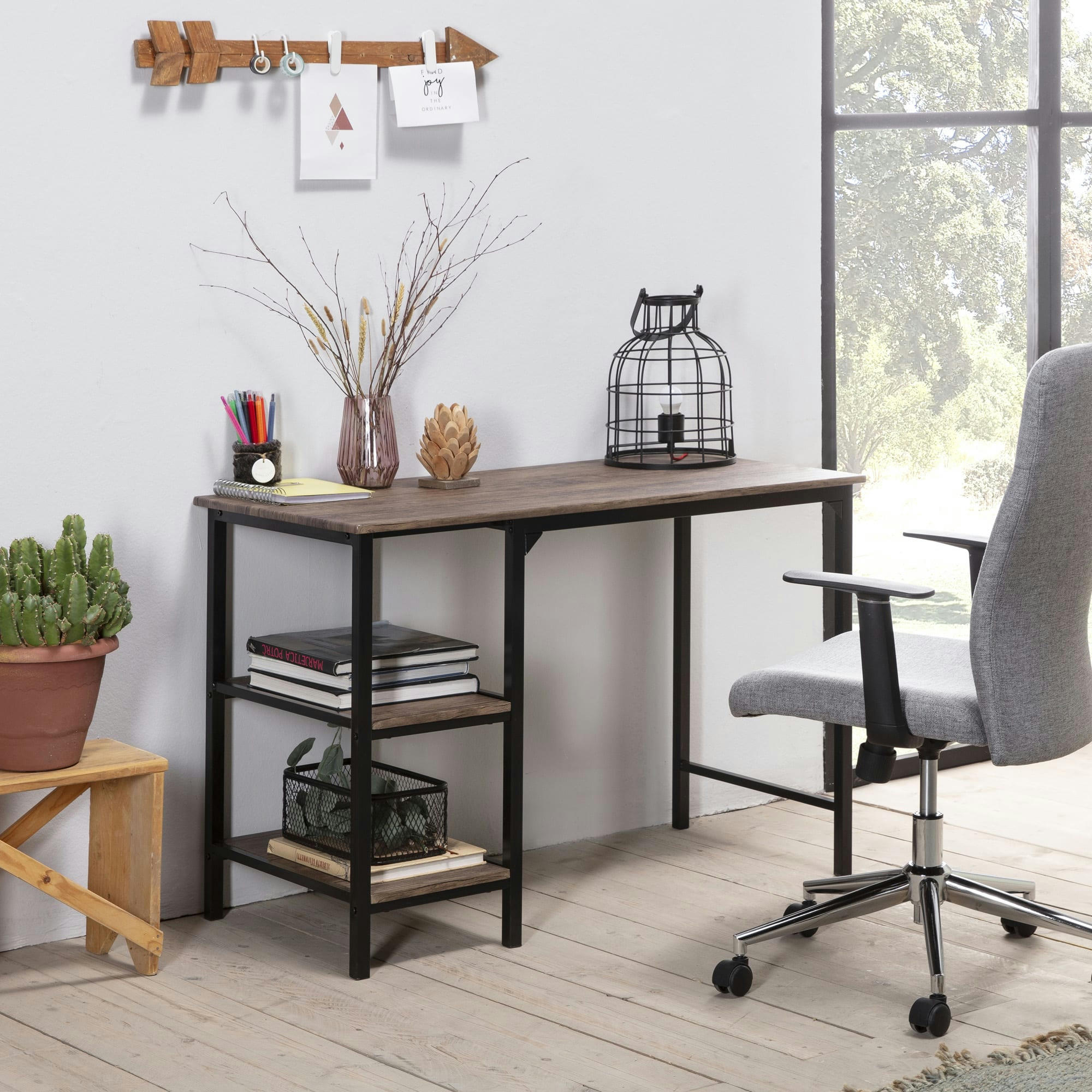 COLON - Bureau noir, 2 étagères, style industriel, 110x55x76 cm