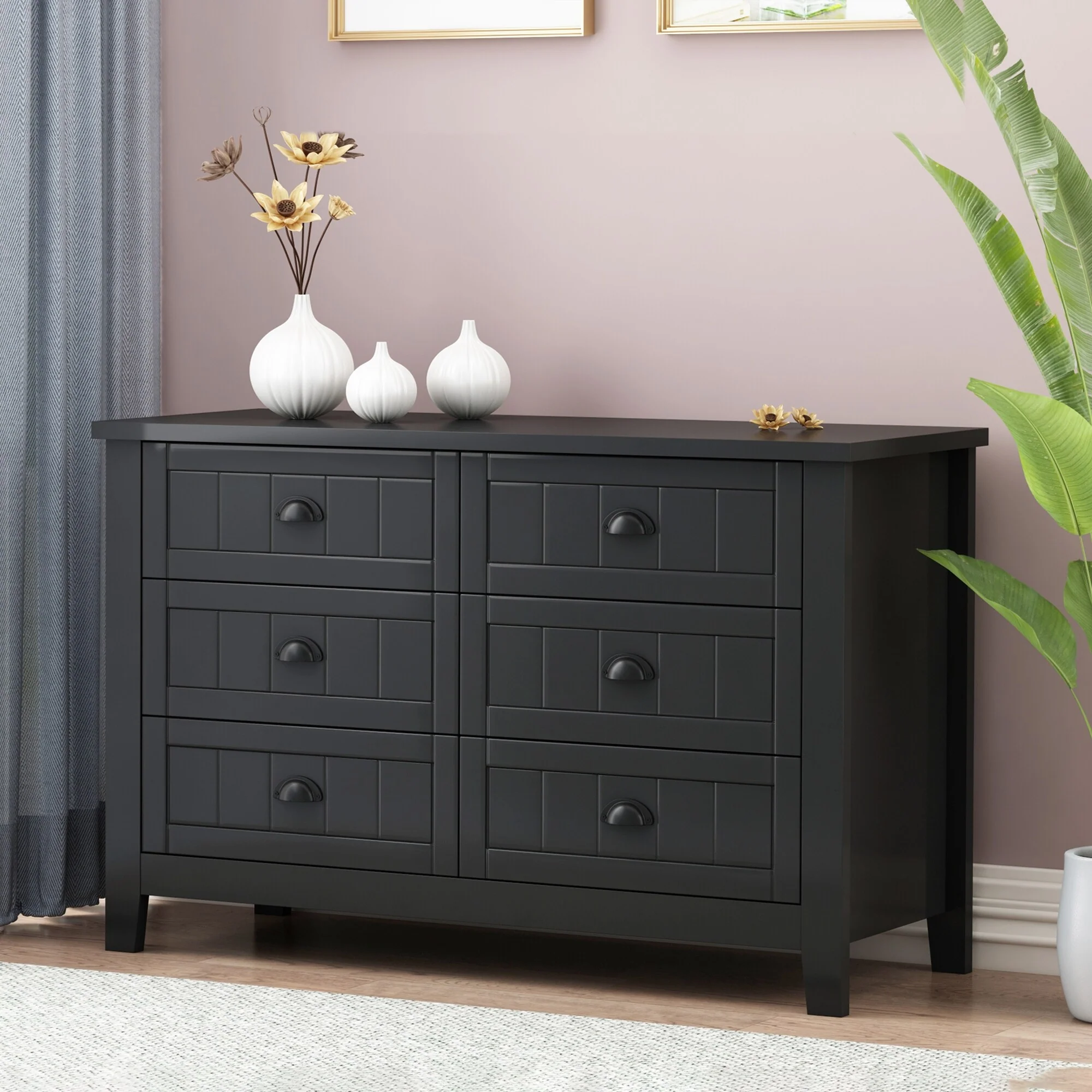 Antique Style 6-Drawer Double Dresser with Retro Shell Handle for Bedroom, Living Room