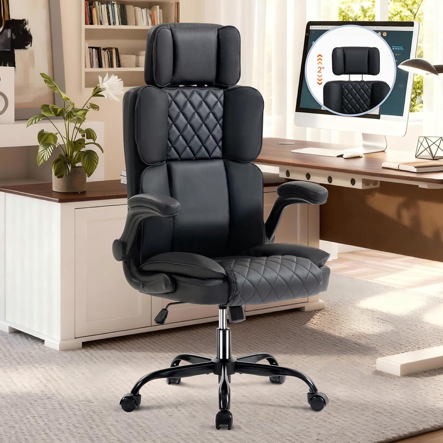 Office Chair with Adjustable Headrest - Executive Leather Desk Chair for Home Office, with Flip-Up Arms & Ergonomic Lumbar Support, Perfect for Work and Study, Black