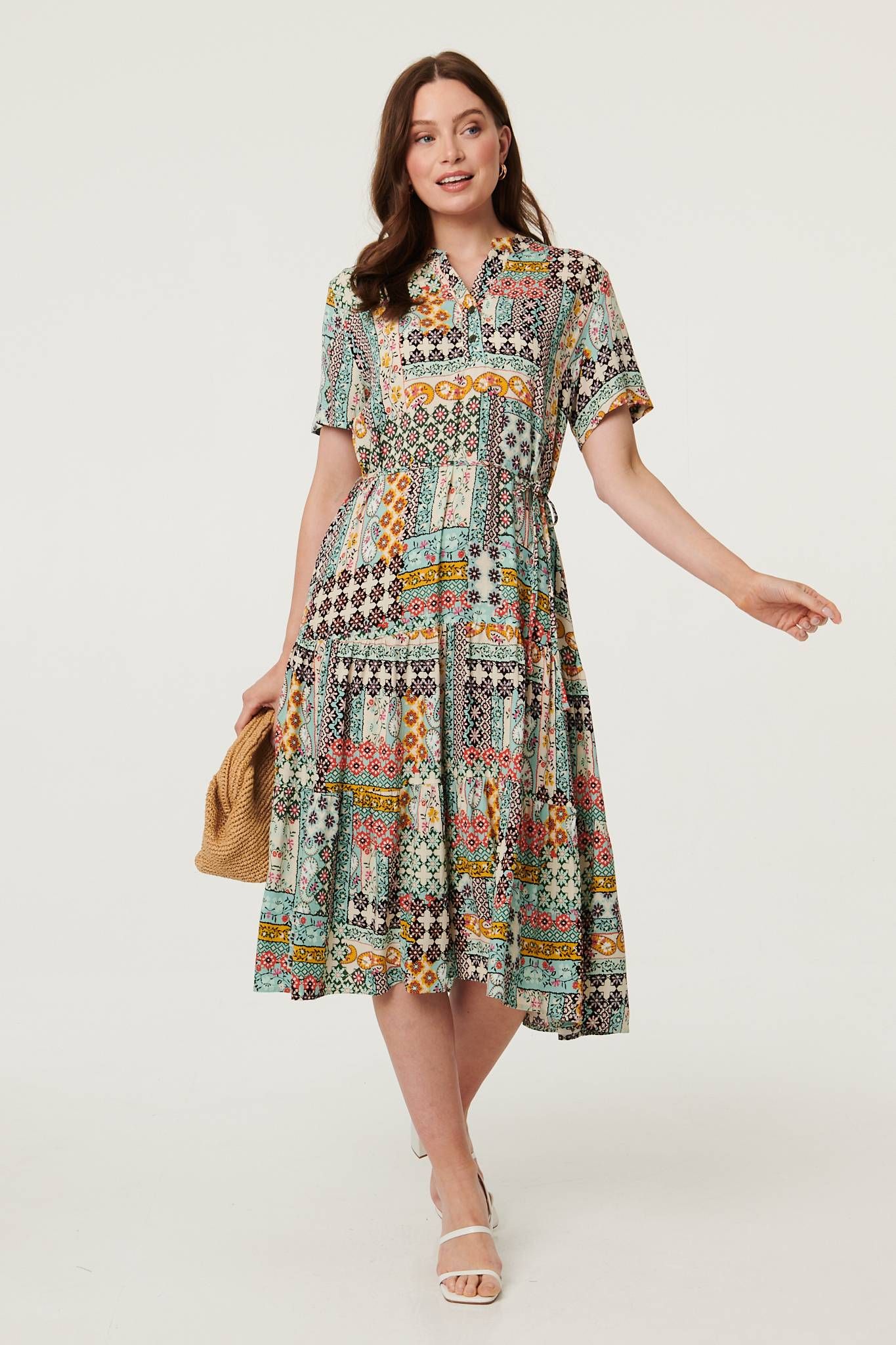 Izabel London Abstract Short Sleeve Tie Midi Dress