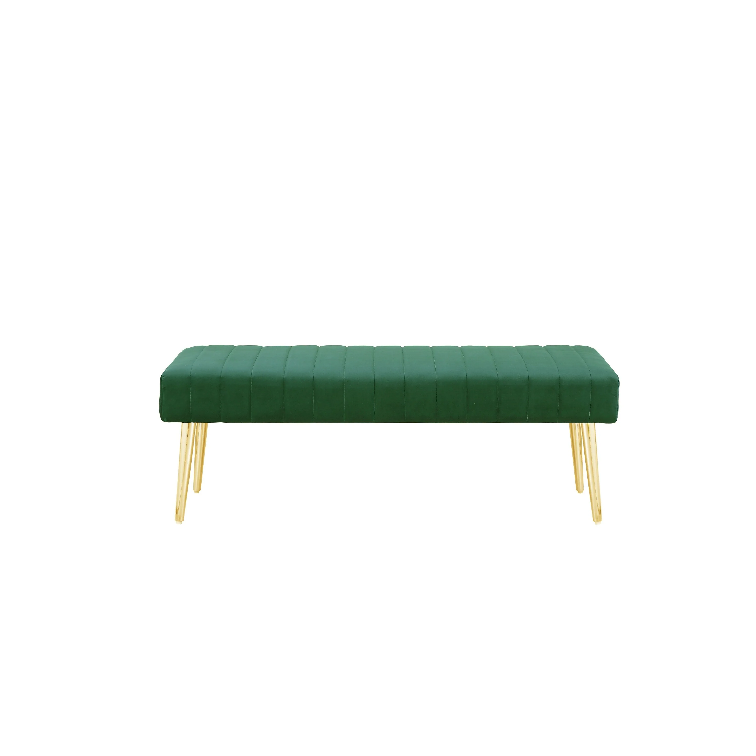 Lida 45 Inch Bench, Cushioned Channel Tufting, Green Velvet Upholstery, Gold
