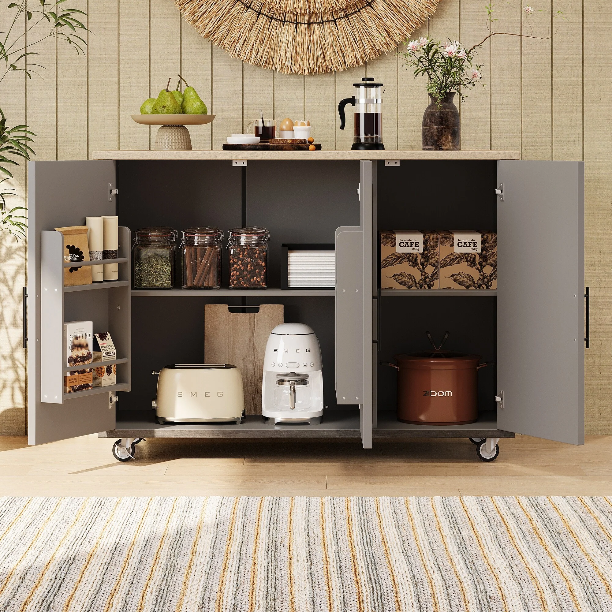 Kitchen Island with Drop Leaf, Kitchen Island on Wheels with Internal Storage Rack, Rolling Kitchen Cart with Towel Rack