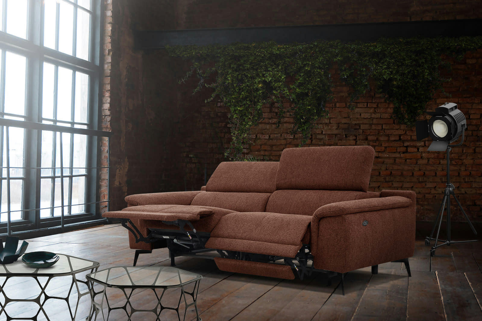 FIERO - Canapé droit 3 places XXL avec 2 relax électriques tissu rouille