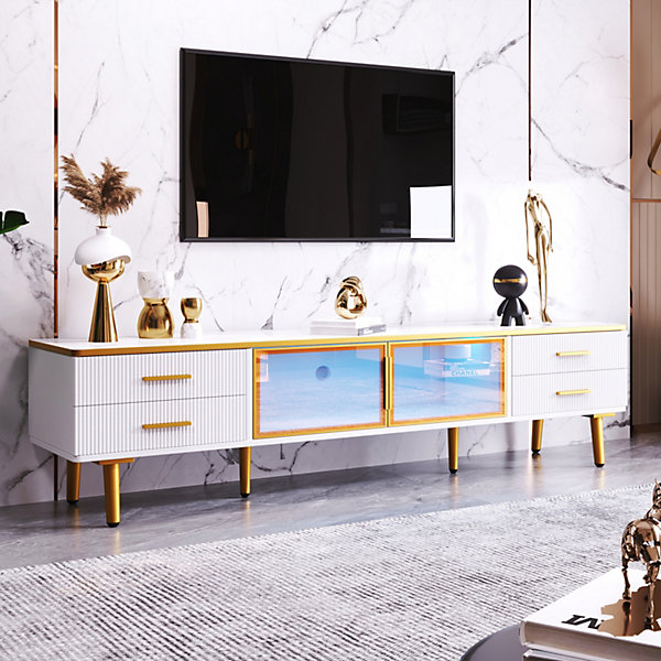 Meuble TV 170 cm marbre blanc, LED, 4 tiroirs, 2 portes verre trempé marron, 4 poignées dorées, pour salon, chambre, couloir