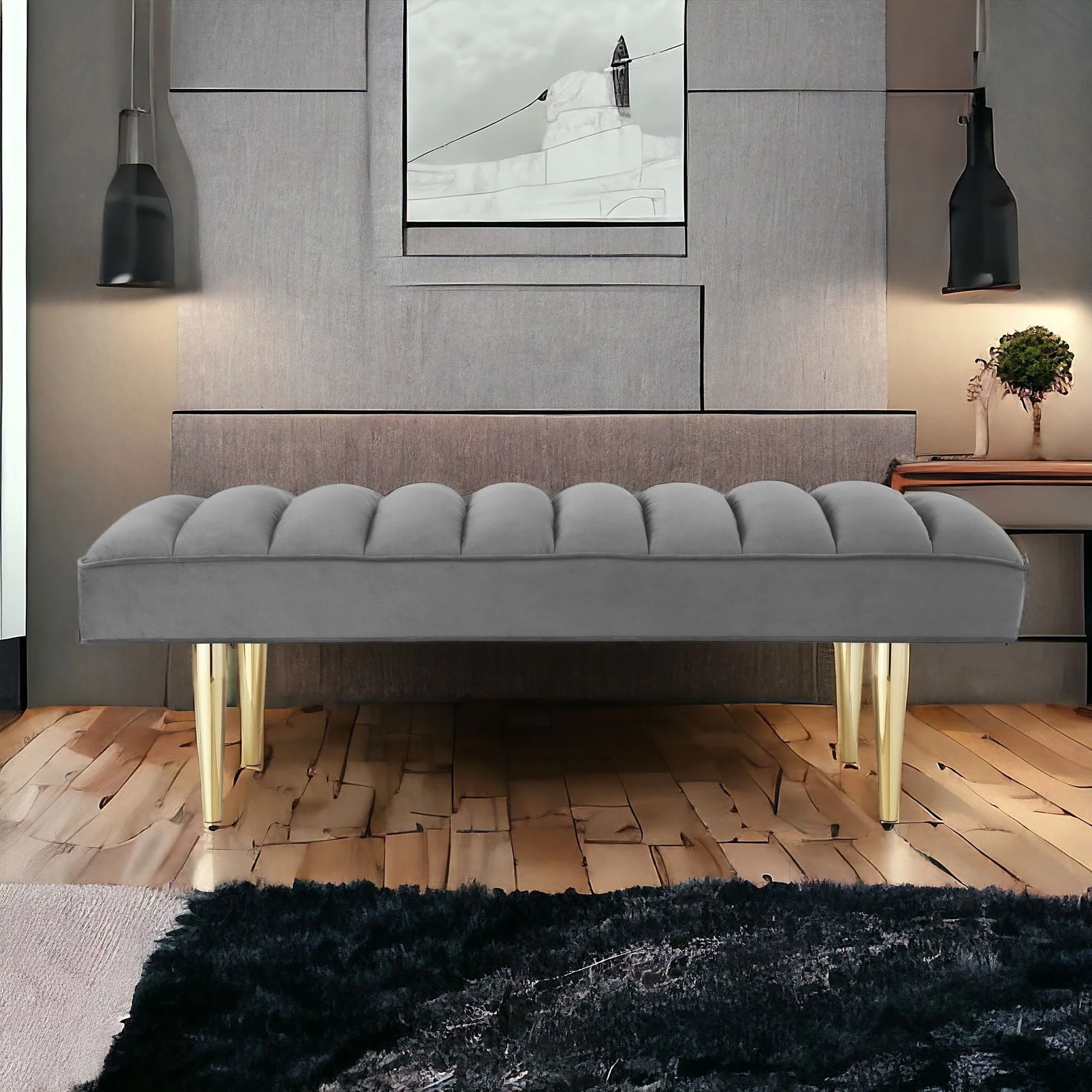 Gold Metal Legs Light Grey Velvet Upholstered Bedroom Bench - 22” D x 52.5” W x 18.5” H