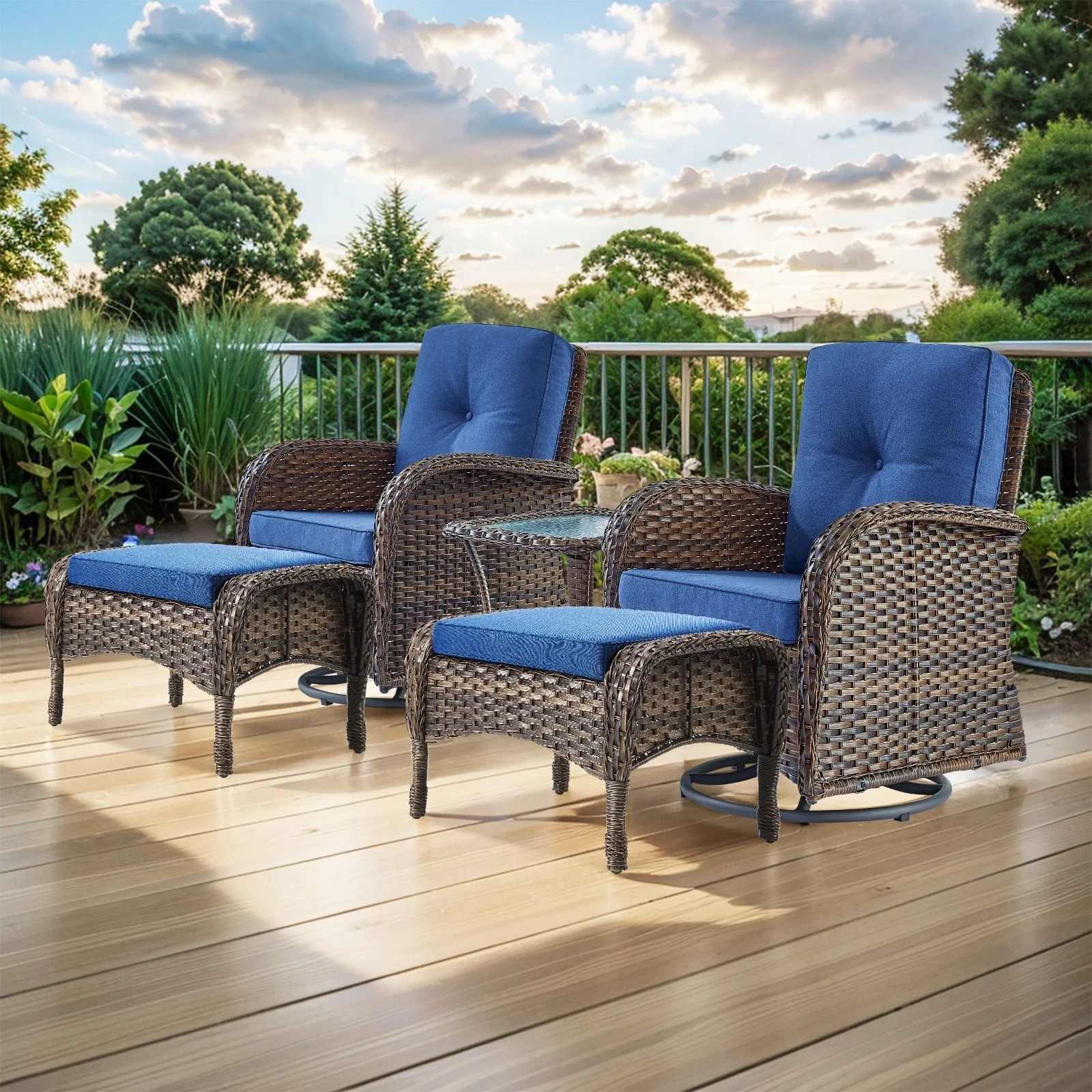 Gymojoy 5-Piece Outdoor Wicker Patio Swivel Chair & Ottoman Set, Rattan Coversation Set with Water Resistant Cushions