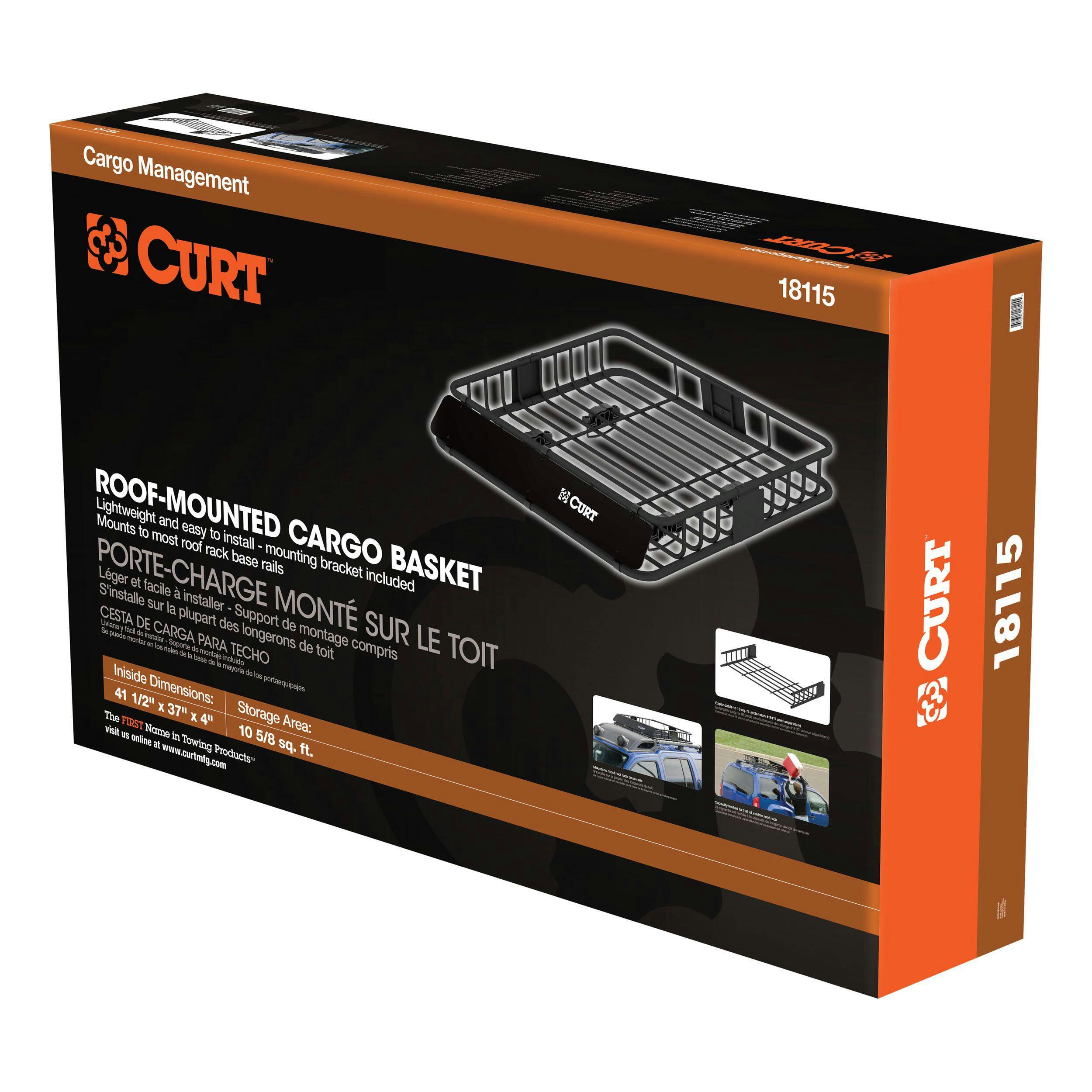 CURT Steel Roof Top Universal Cargo Basket w/ Mounting Brackets, Black, 42 x 37-in