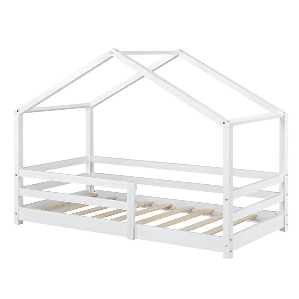 Lit d'Enfant Maison avec Barreaux de Sécurité Knätten Pin 70 x 140 cm Blanc Mat Laqué en.casa