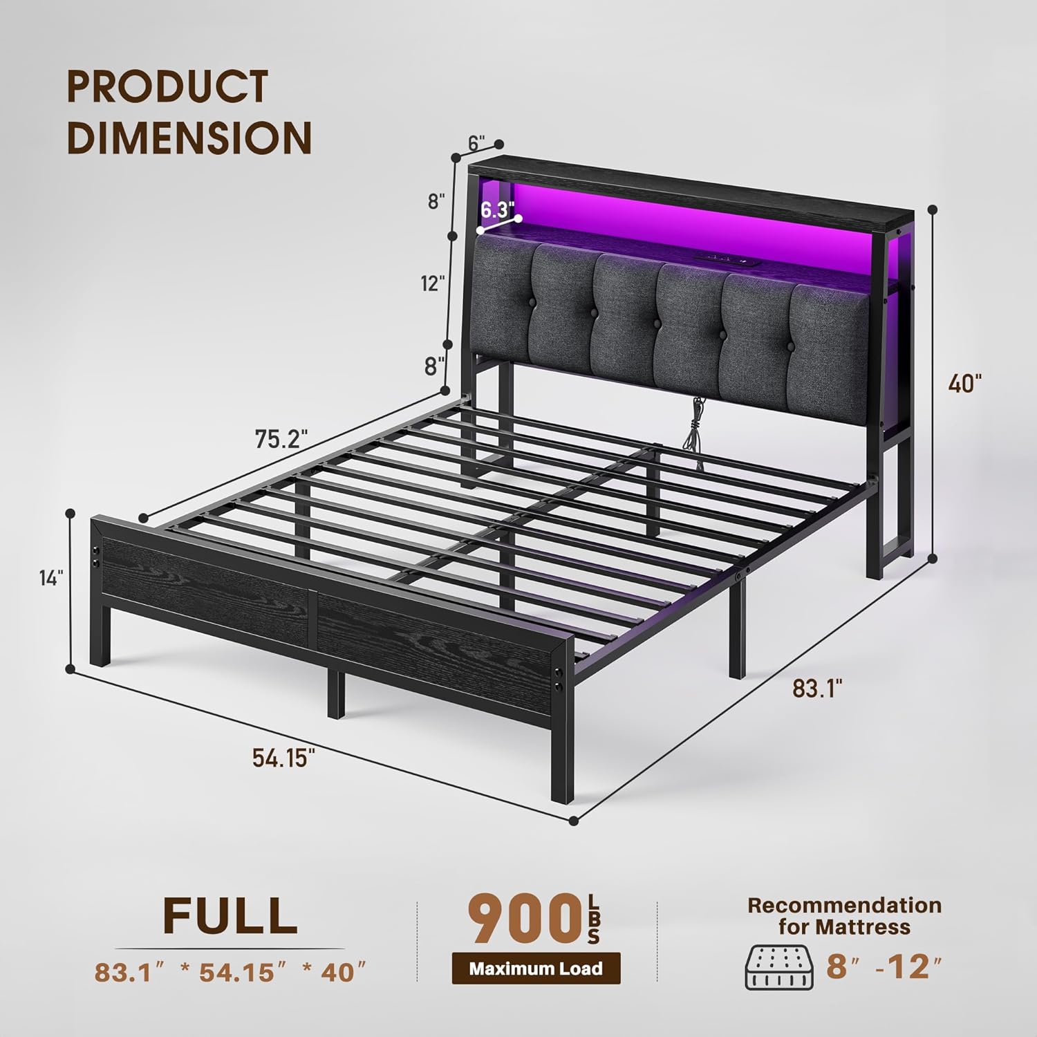 Full Size Bed Frame Smart RGB LED Lights, Grey Upholstered Headboard with Charging Station Type C&2-Tier Storage Shelves,12 Under-Bed Storage, Noise-Free,Easy Assembly,Black