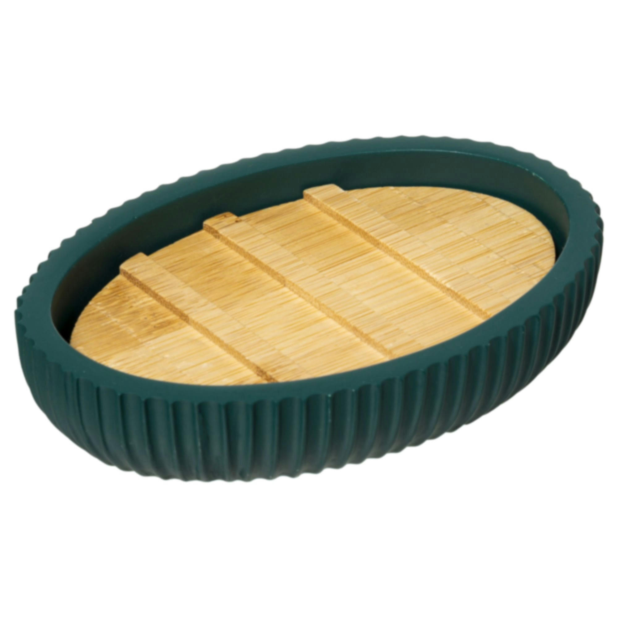 - Porte savon polyrésine vert pétrole et bambou - 12.5x9x2.5cm