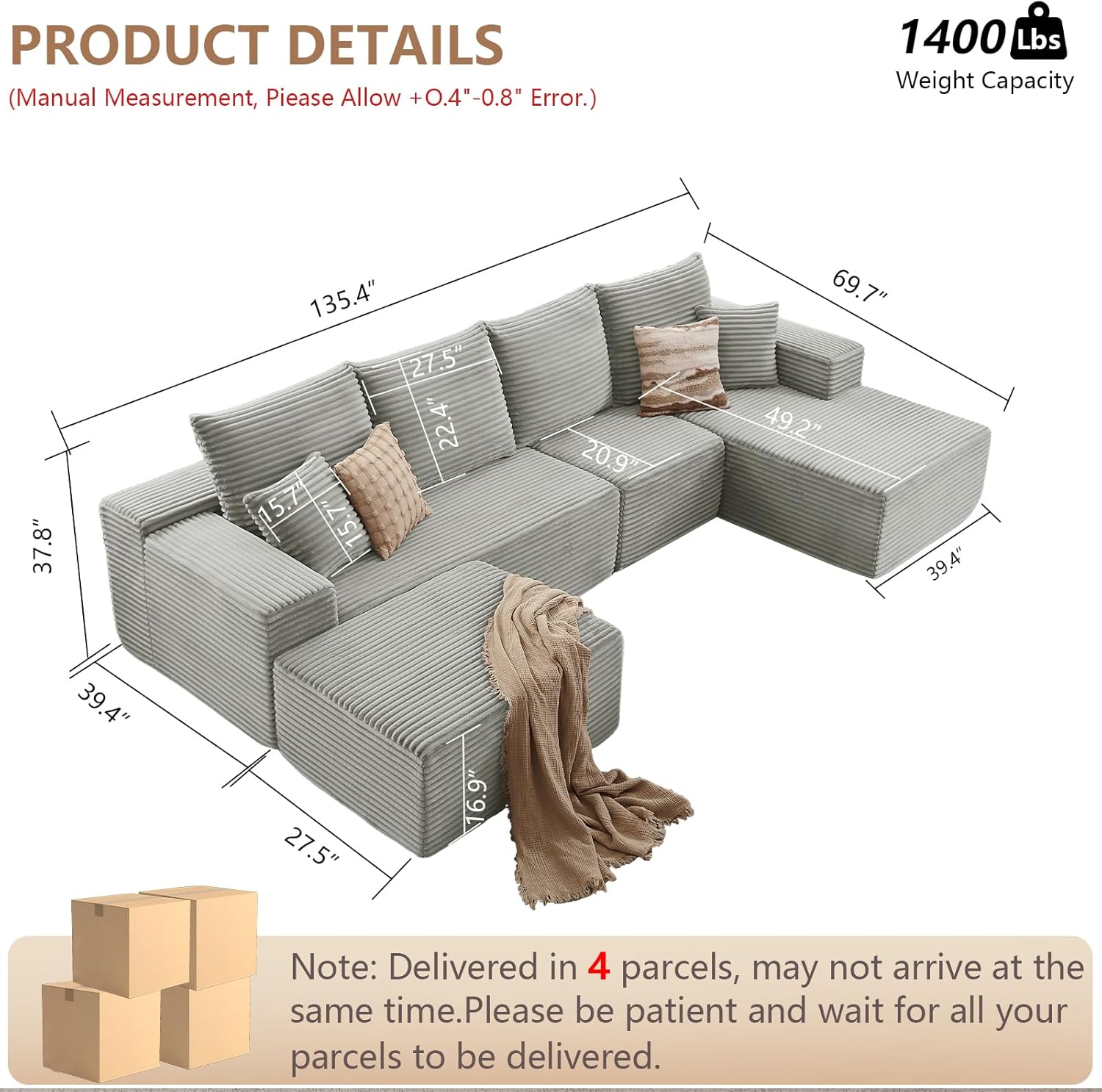 135.4 Modular Sectional Sofa with Ottoman, Modern Corduroy Cloud Couch with Deep Seat, Boneless Couch Upholstered 4-Seater U-Shaped Sofa for Living Room, No Assembly (Grey, Right-Facing Chaise)