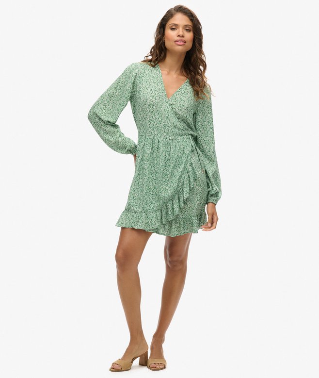 Printed Long Sleeve Wrap Mini Dress