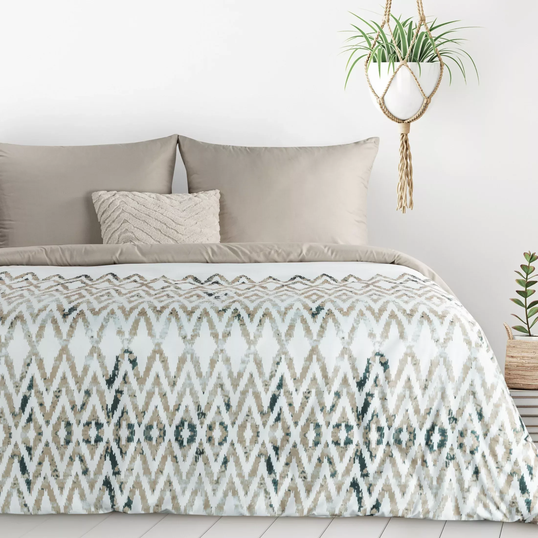 Pościel 220x200 cm komplet 3 częściowy kolor biały, beżowy z motywem geometrycznym VERANO 4 Design 91