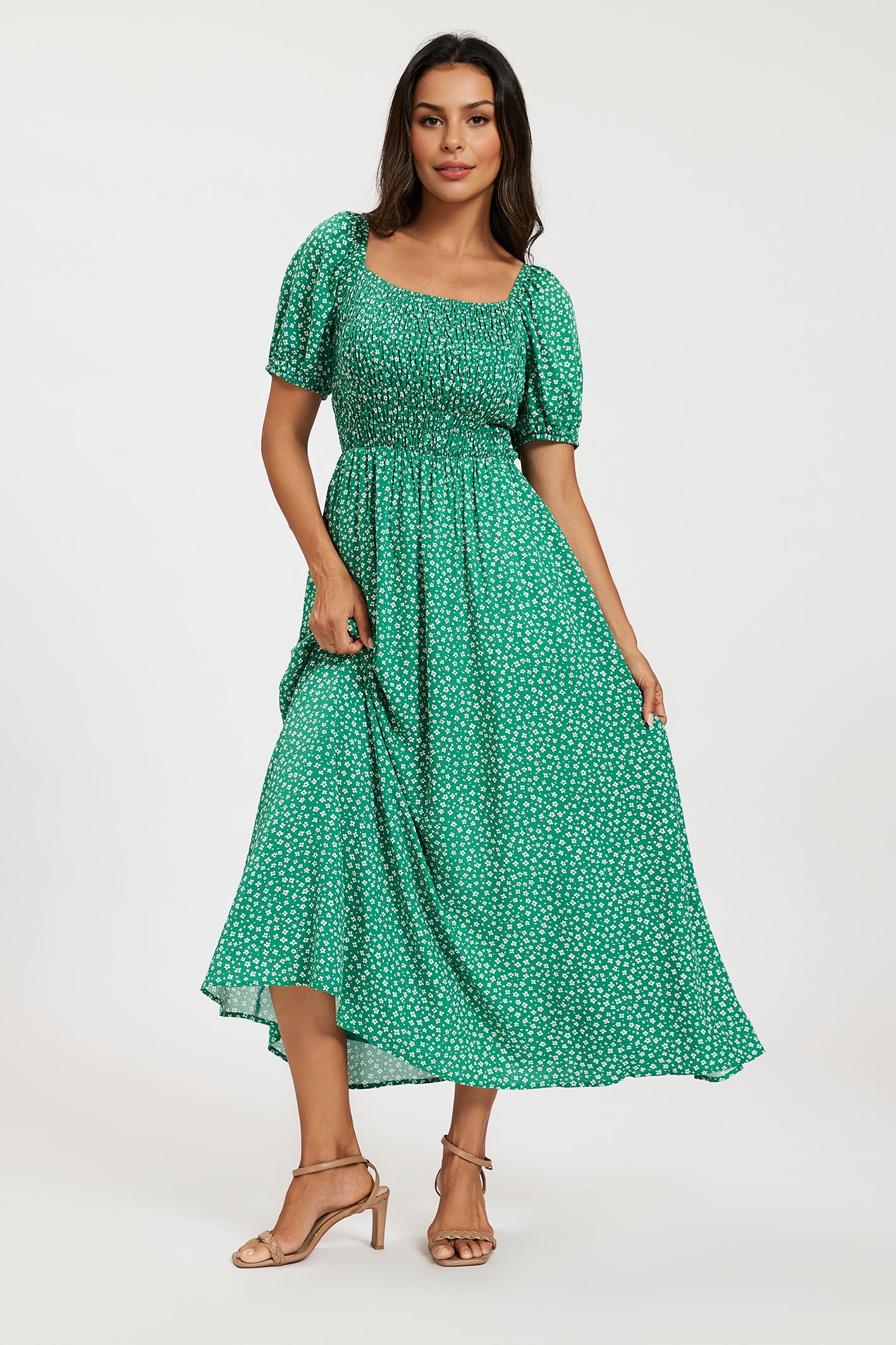 FS Collection Floral Shirred Square Neck Midi Dress with Puff Sleeves