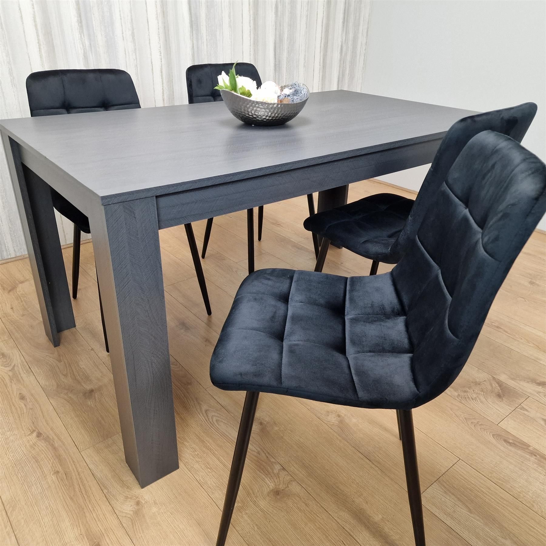 KOSY KOALA Dining Table and 4 Chairs Black Dark Grey Velvet Chairs Wood Dining Set Furniture