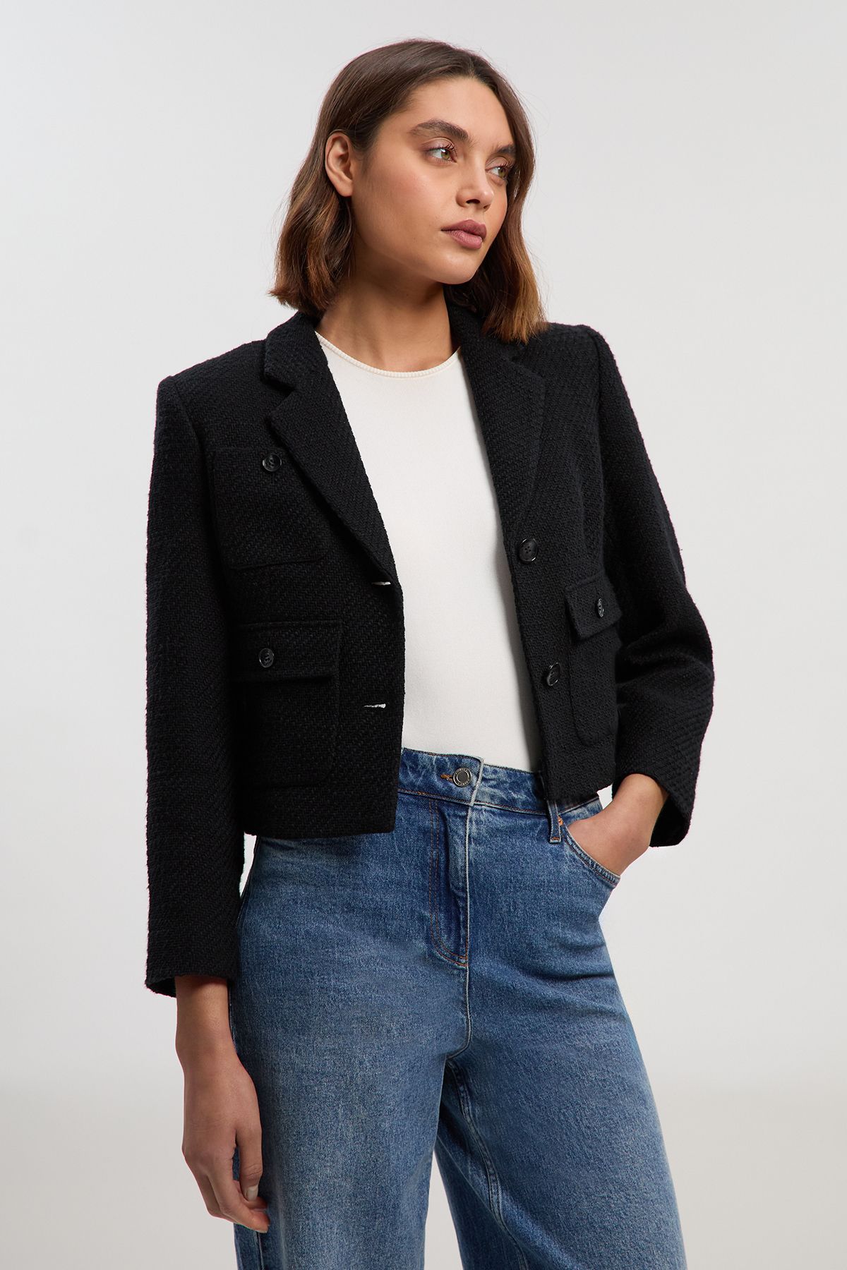 KarenMillen Textured Tweed Cropped Tailored Jacket