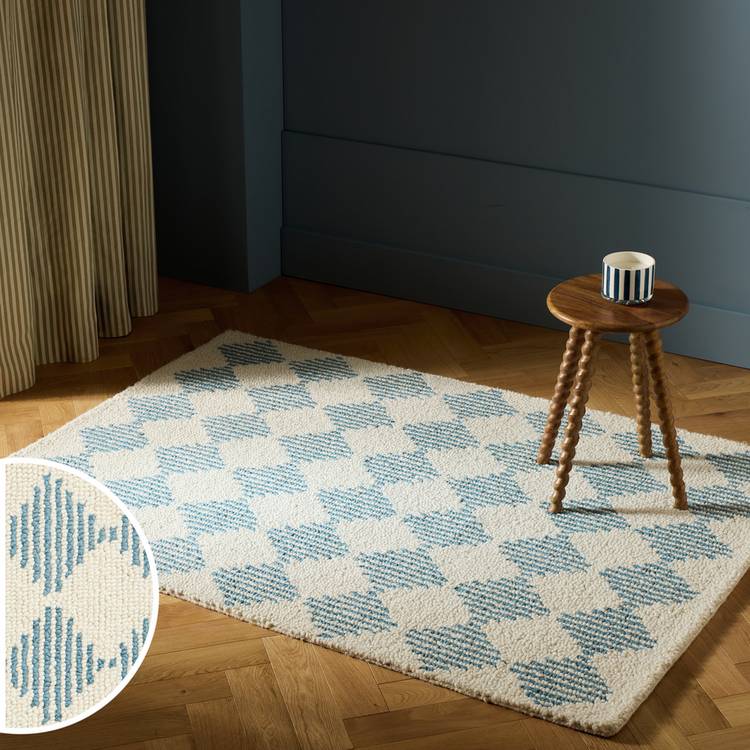 Habitat Blue Diamond Tufted Cream Wool Rug - 120x170cm