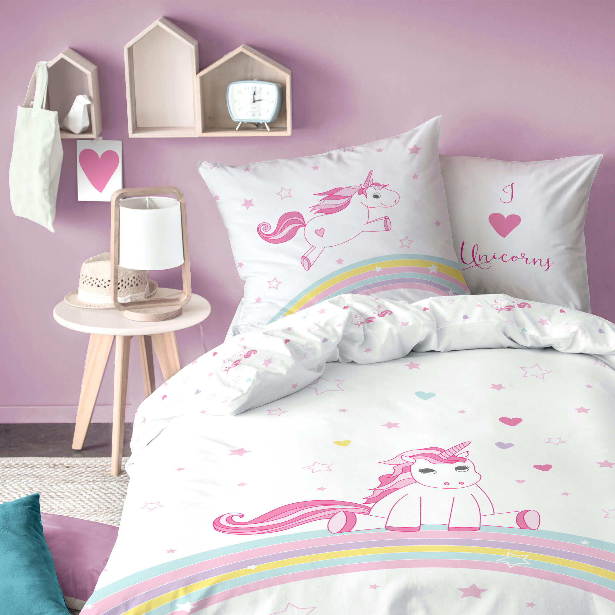 LICORNE - Parure de lit imprimée en coton Rose 140x200+63x63cm
