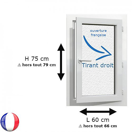 Fenêtre PVC 1 vantail H 75 x L 60 cm OF verre brouillé pour pose en neuf - tirant droit