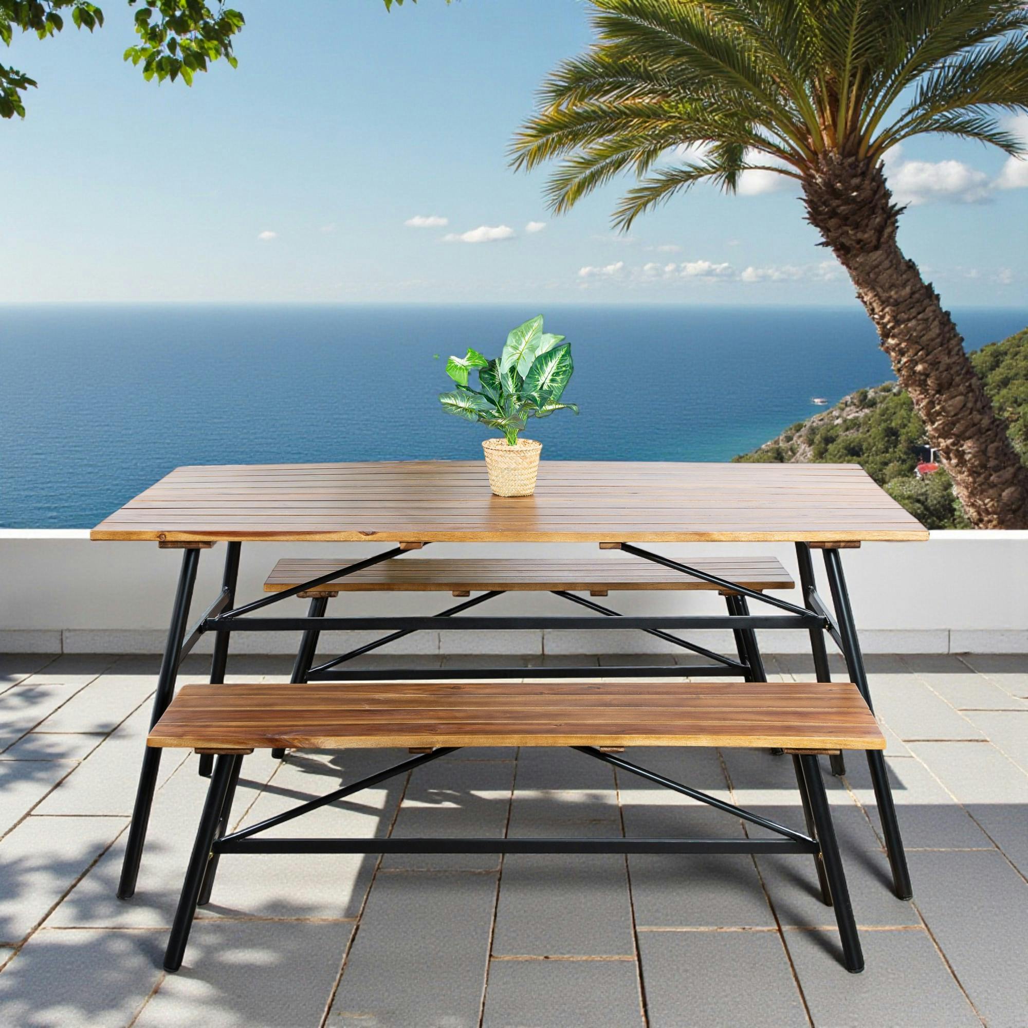 Salon de jardin en bois d'acacia (1 table à manger 160 cm   2 bancs 130 cm) BAHIA