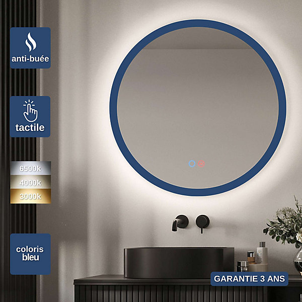 Miroir Salle de Bain LED Rétro-éclairé Réglable D60cm - Contour Bleu- Commandes Tactiles On/Off &Anti-Buée - TORINO LEDIMEX