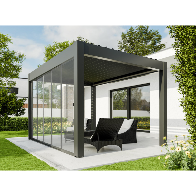 Paroi coulissante vitrée pour pergola bioclimatique Capri anthracite 6 x 2,25 m 3 pièces