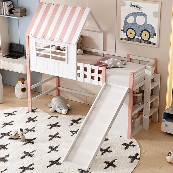 Lit enfant cabane 90 x 200 cm avec echelle toboggan rangements multiples lit mezzanine bois massif rose
