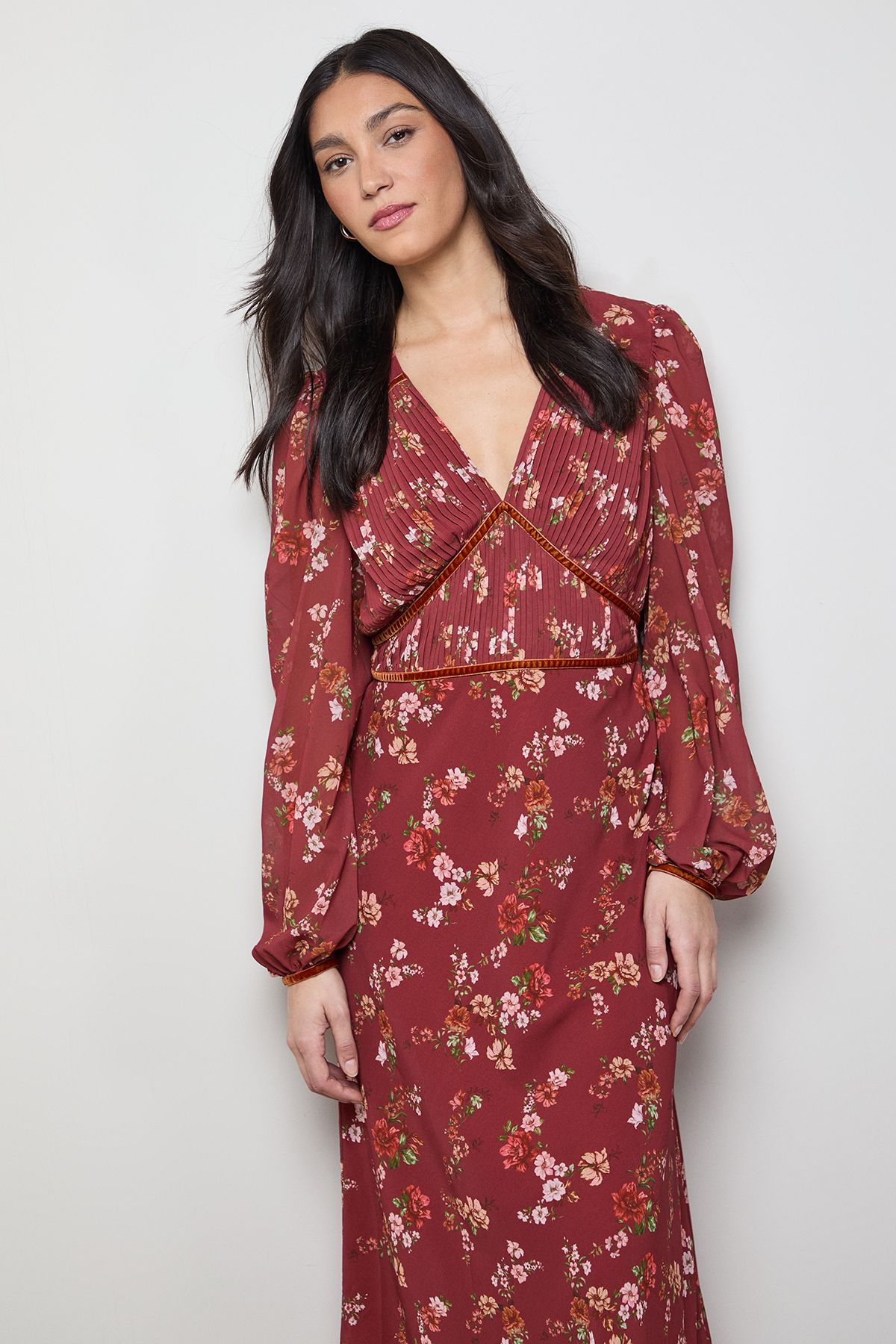 Oasis Printed Pleated Bodice Detail Midi Dress