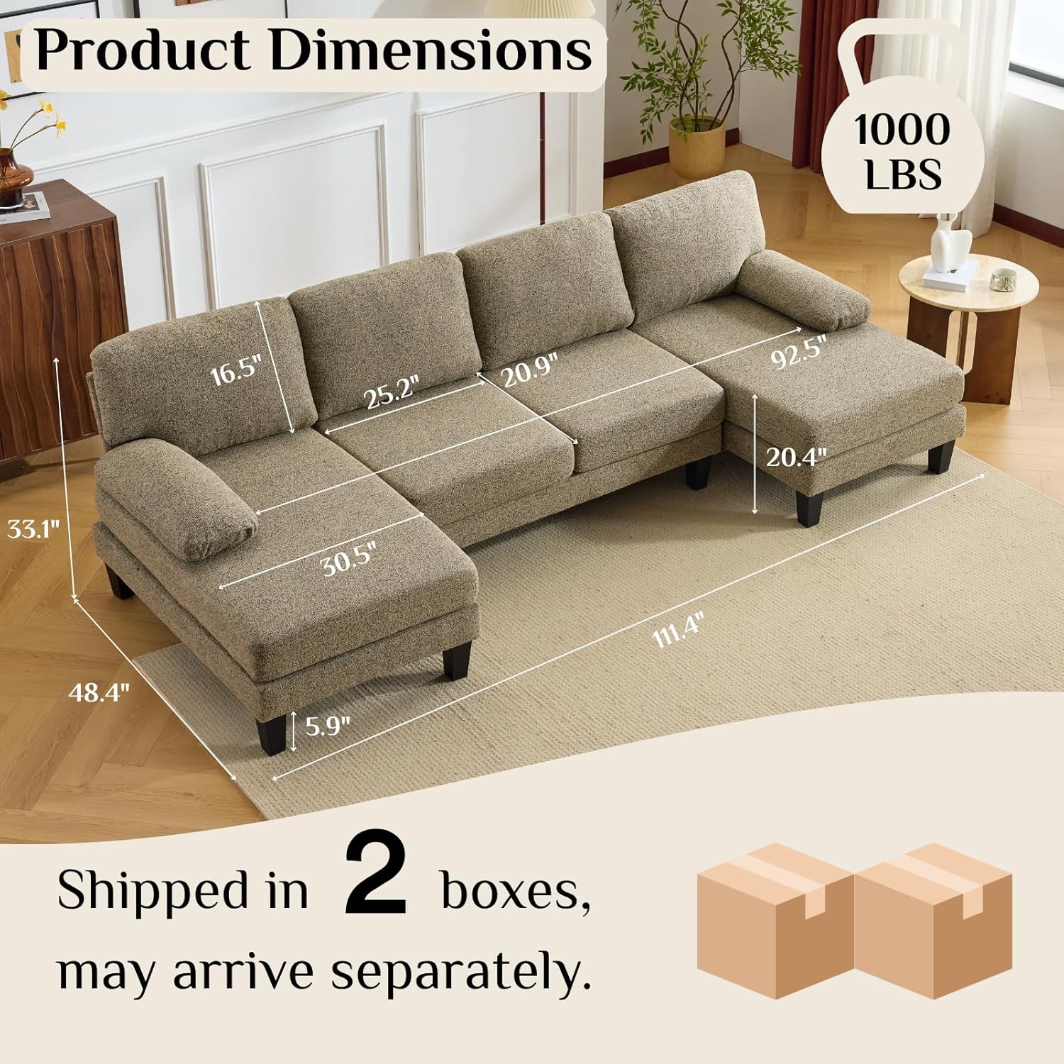Karl home 110 U-Shape Sectional Couches for Living Room Chenille Upholstery 4 Seat Sofa Set with Double Chaises & Wood Grain Legs for Apartment, Khaki