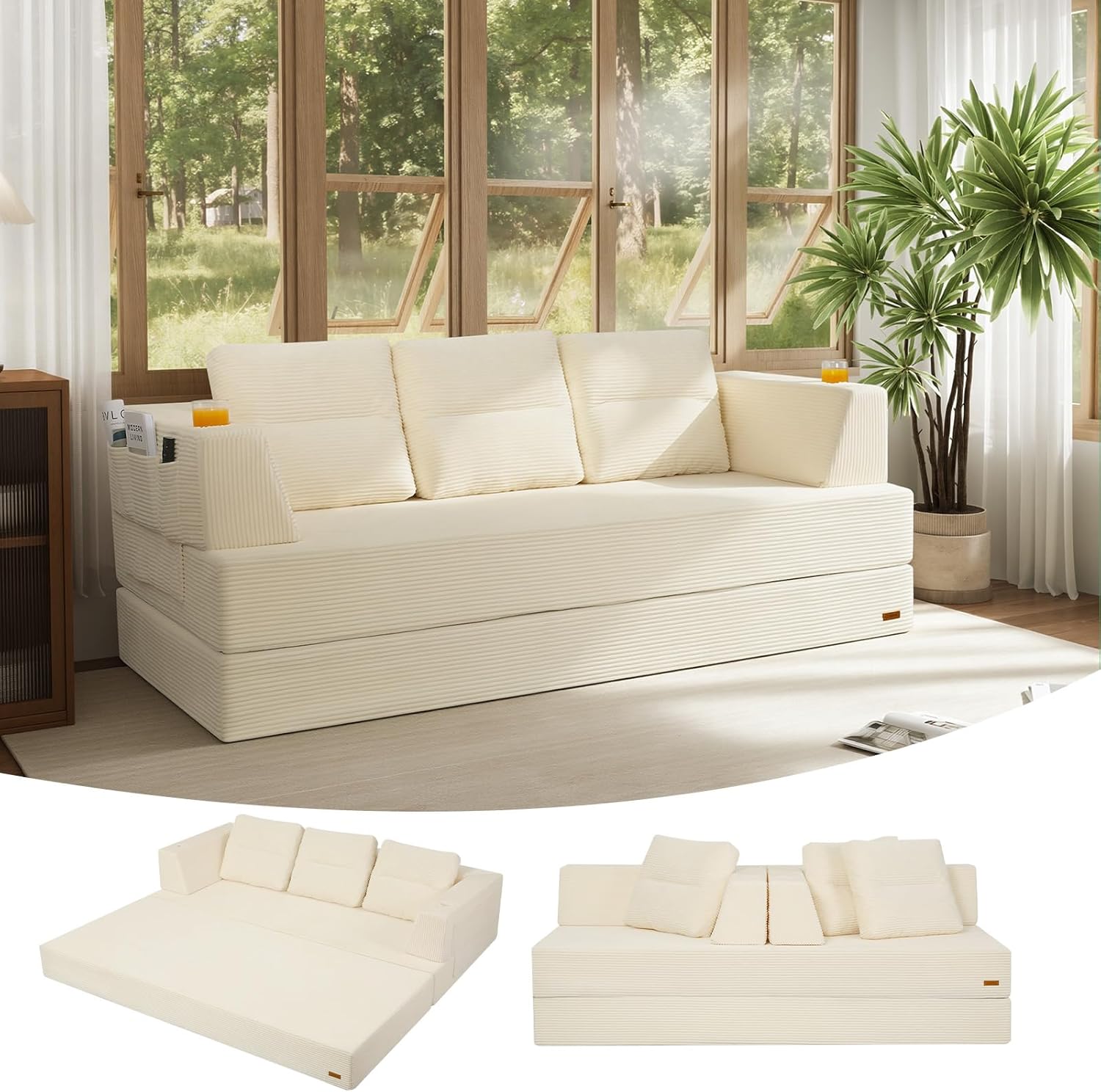 COMAX Futon Sofa Bed Queen, 79 Convertible Sofa Bed Couches for Living Room, 4 in 1 Folding Boneless Sleeper Corduroy Couch Loveseat Foam In a Box, Comfy Foldable Lounge Fold Out Floor Mattress Beige