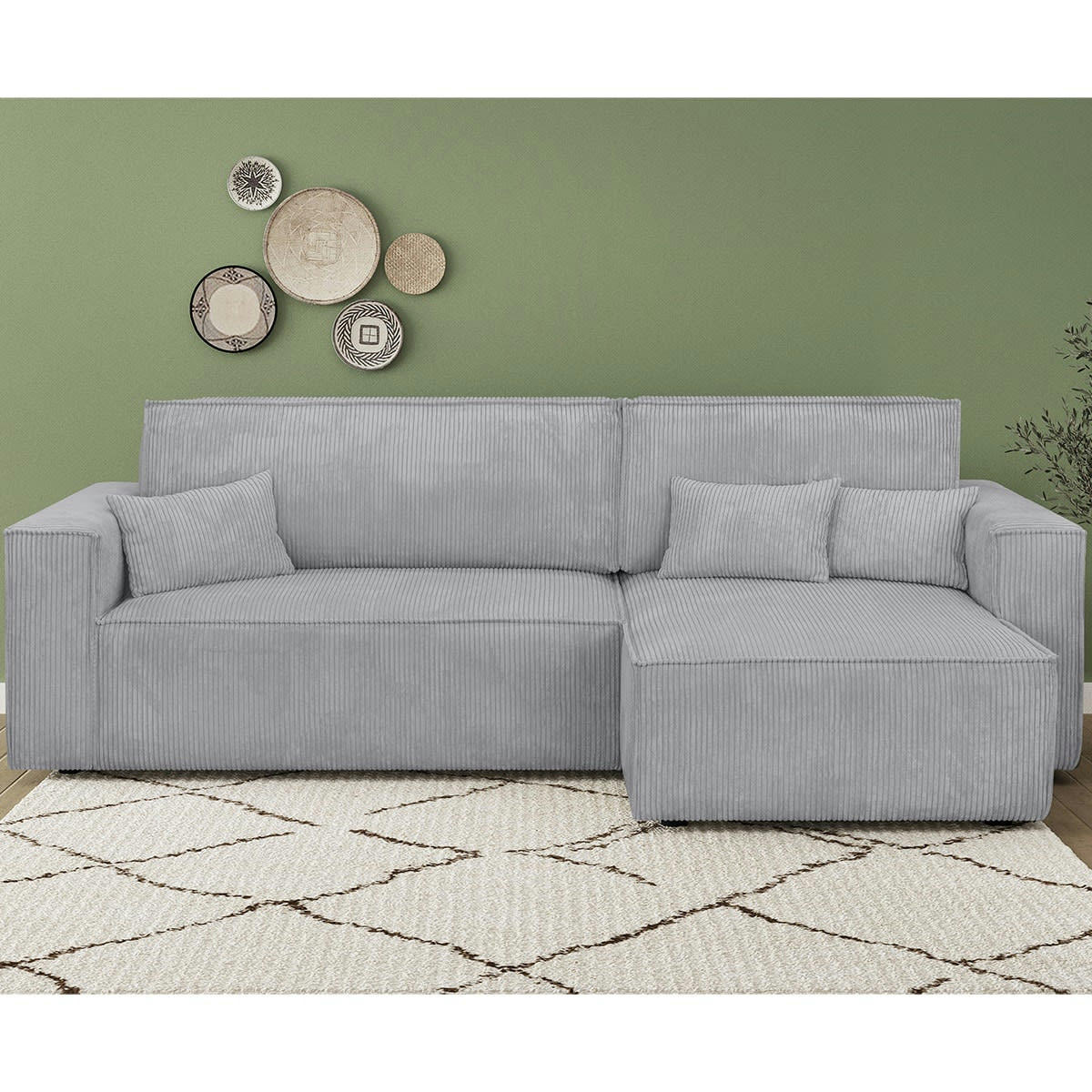 LIVIA - Canapé d'angle convertible 4 places avec coffre, velours côtelé gris