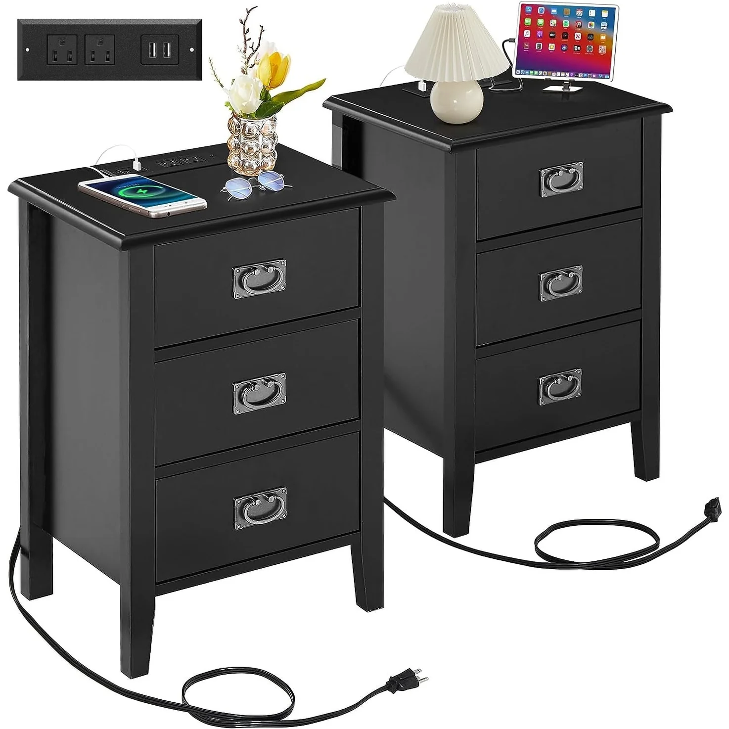 Javlergo Set of 2 Wooden Nightstand with Charging Station, Side End Table with USB Drawer and Open Storage Shelf