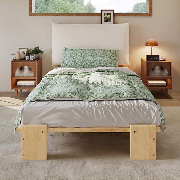 Lit simple 90x200cm - tête de lit rembourrée amovible - bois massif   éponge   contreplaqué - Naturel (matelas non inclus)