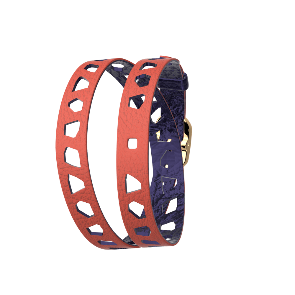Bracelet cuir dentelle double tour, Girafe Corail / Marine Métallisé, boucle argentée
