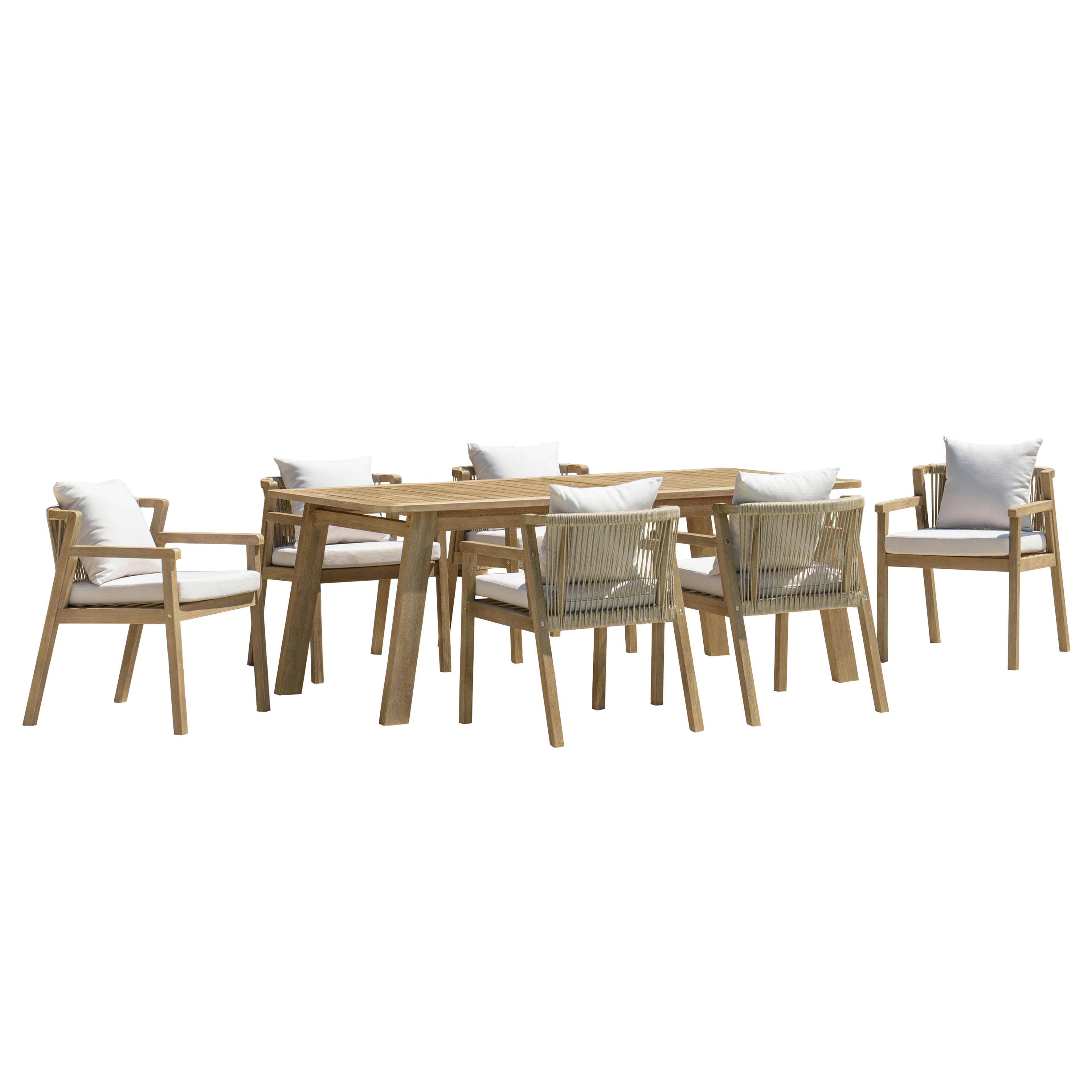 Salon de jardin table acacia et 6 fauteuils cordage beige avec coussins BAHIA