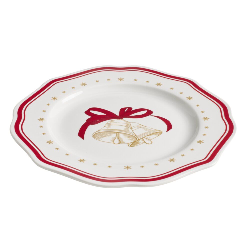 Assiette dessert imprimé boule de No&euml;l contour vague rouge faïence Ø20 cm