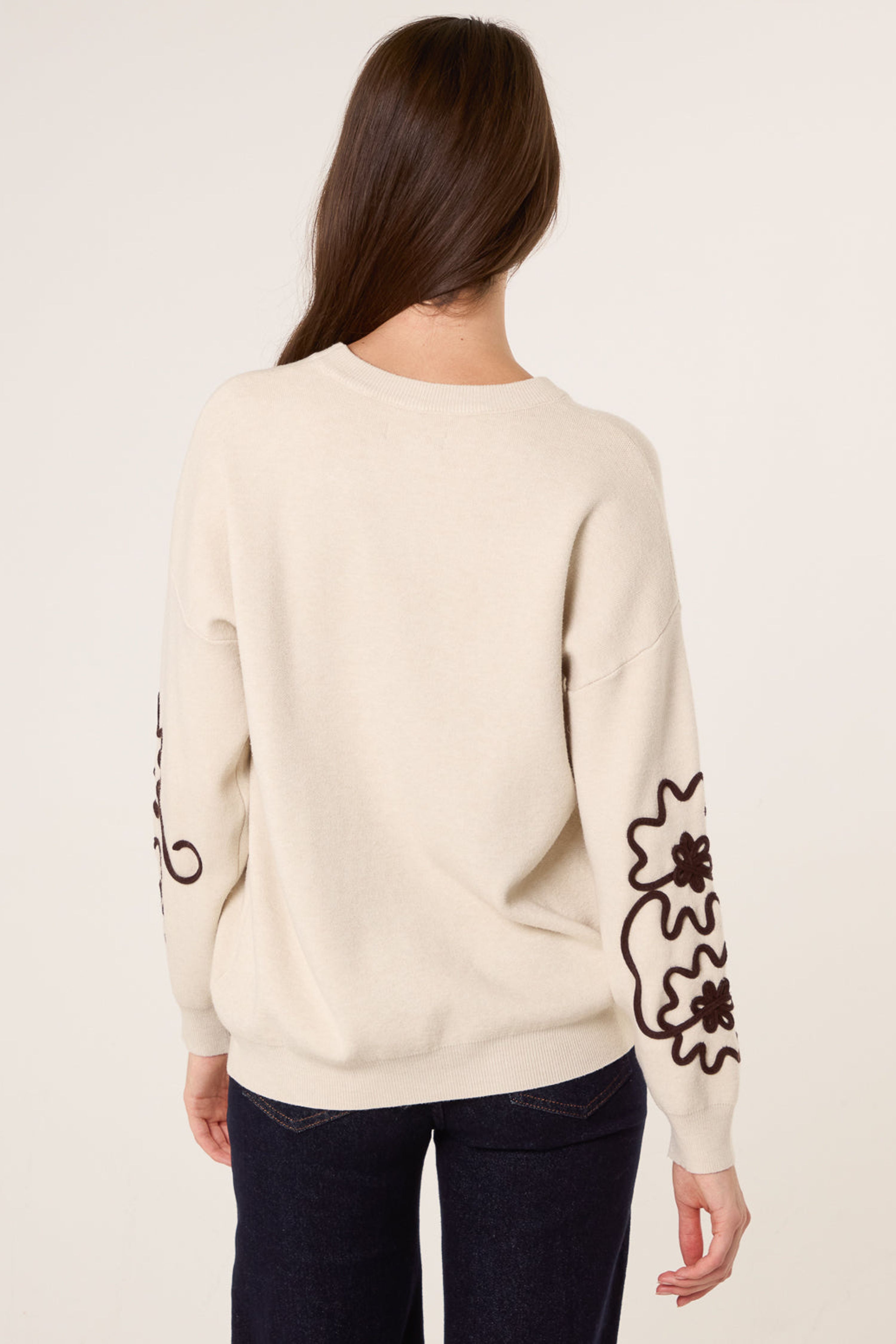 Blue Vanilla Light Brown Floral Embroidery Detailed Jumper