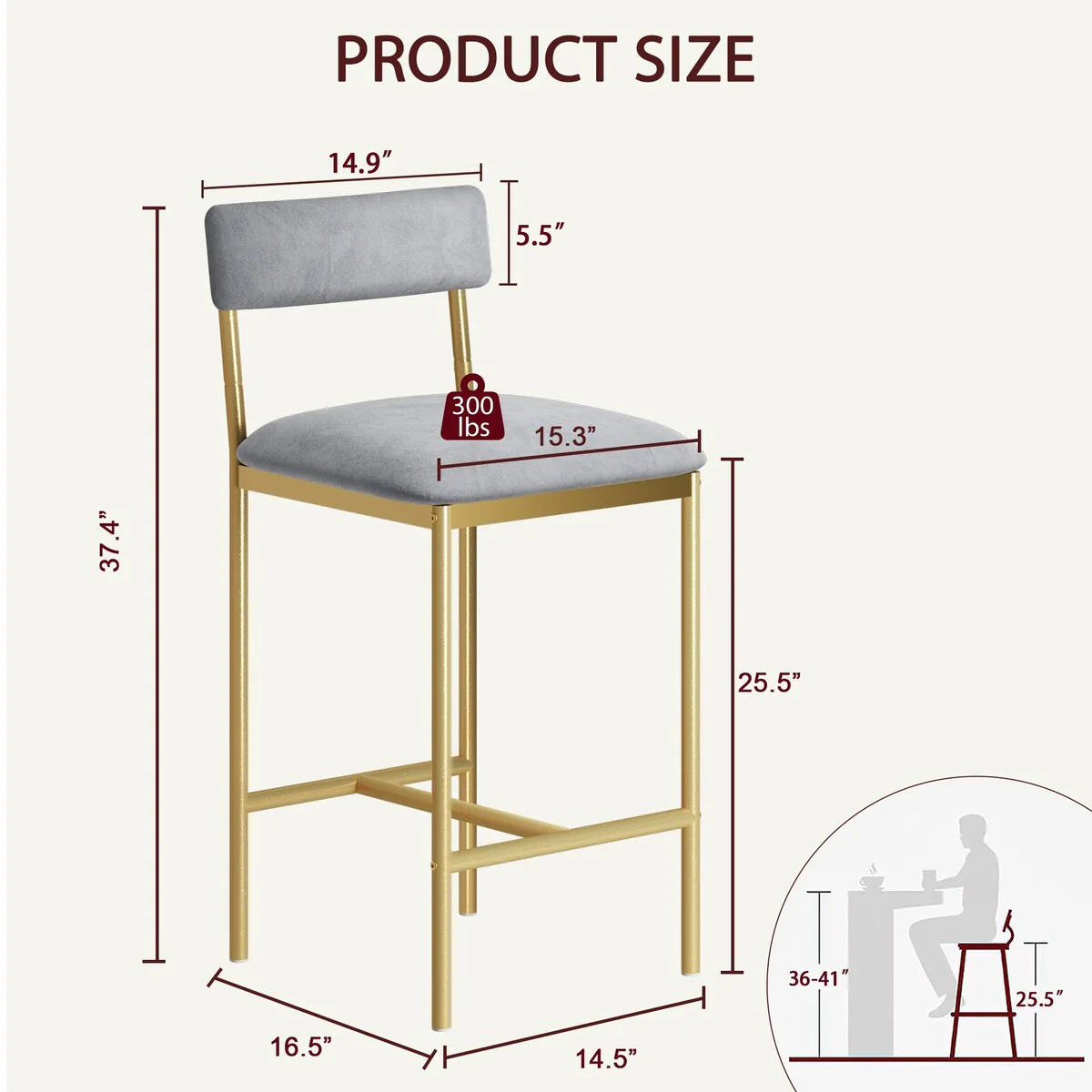 Bar Stools Set of 2, Counter Height Bar Stools with Footrest