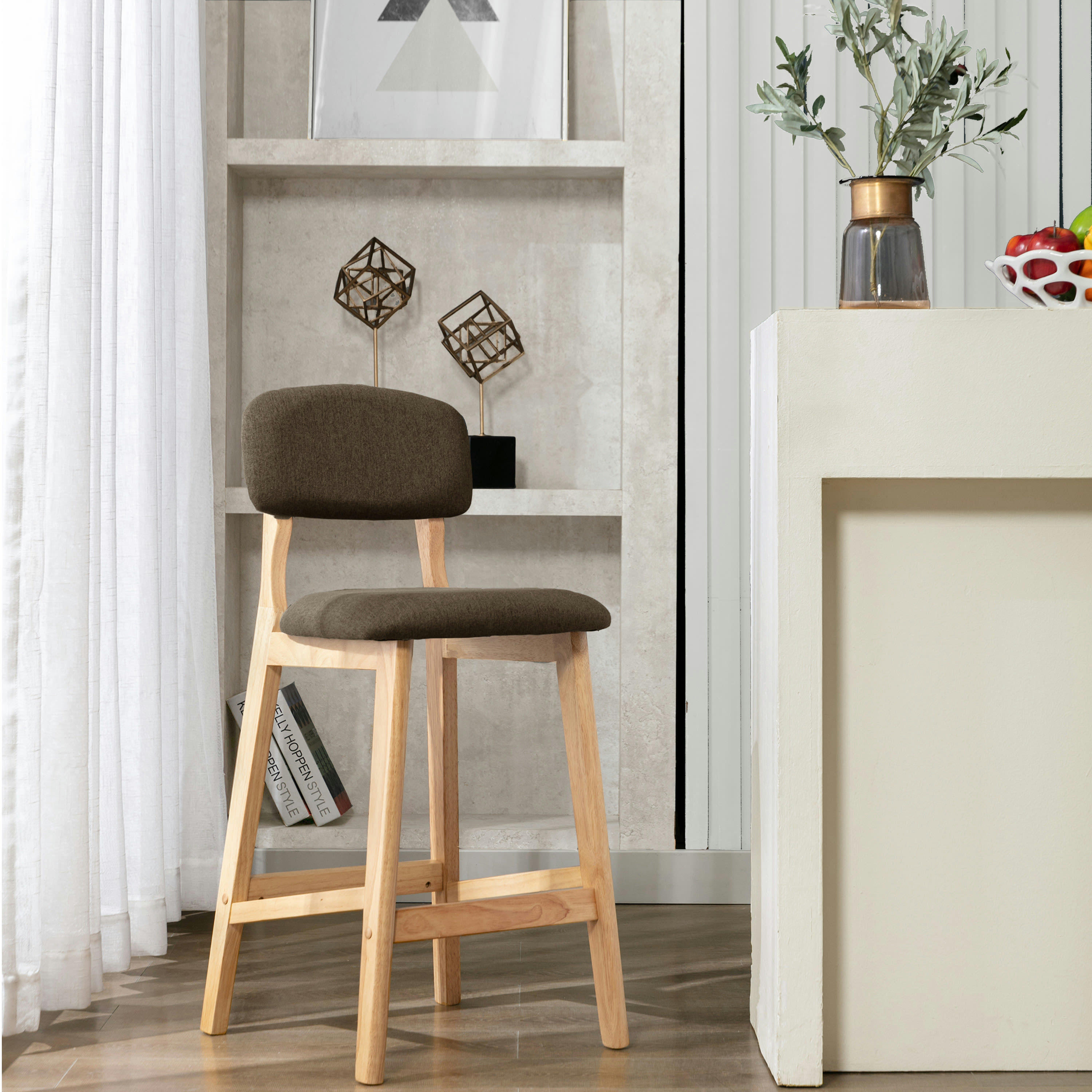 - Tabouret de bar en tissu Taupe et pieds hévéa naturel (x2)