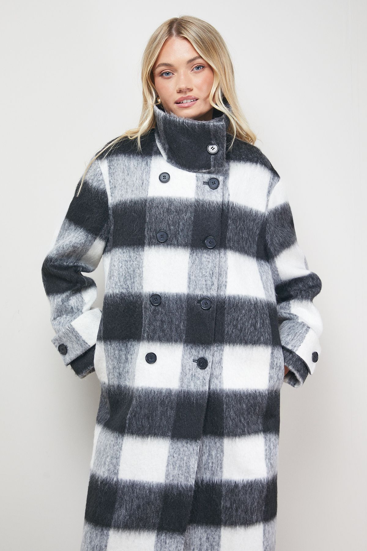 Oasis Brushed Check Funnel Neck Coat