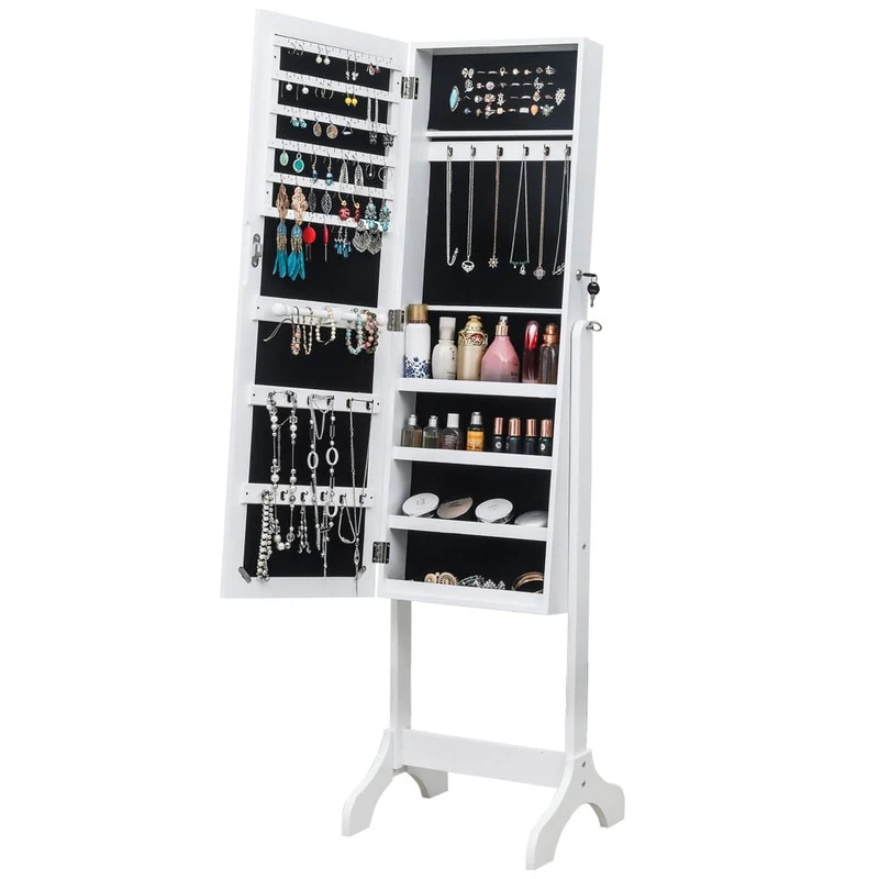 Mirror Jewelry Cabinet Armoire, Freestanding Lockable Storage Organizer Unit