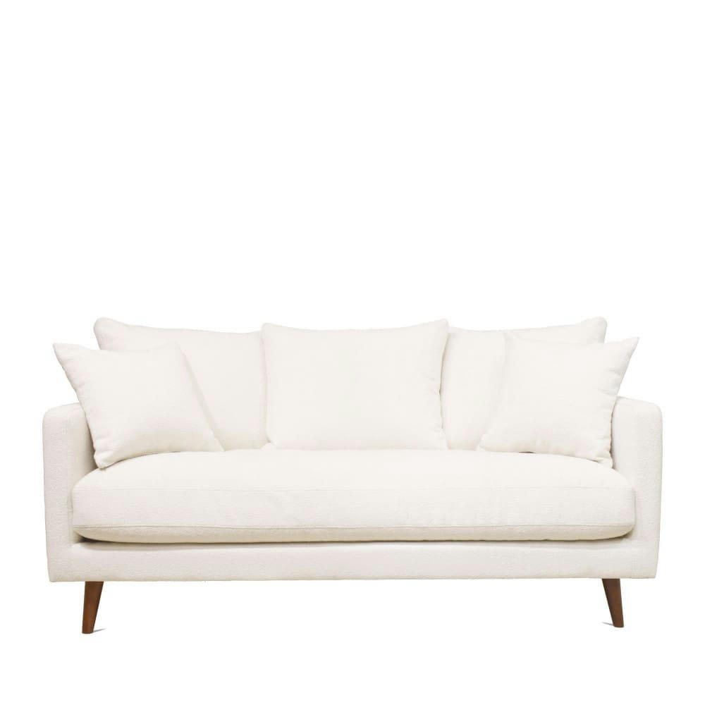 VILLABON - Canapé 3 places en tissu bouclette pieds bois blanc ivoire