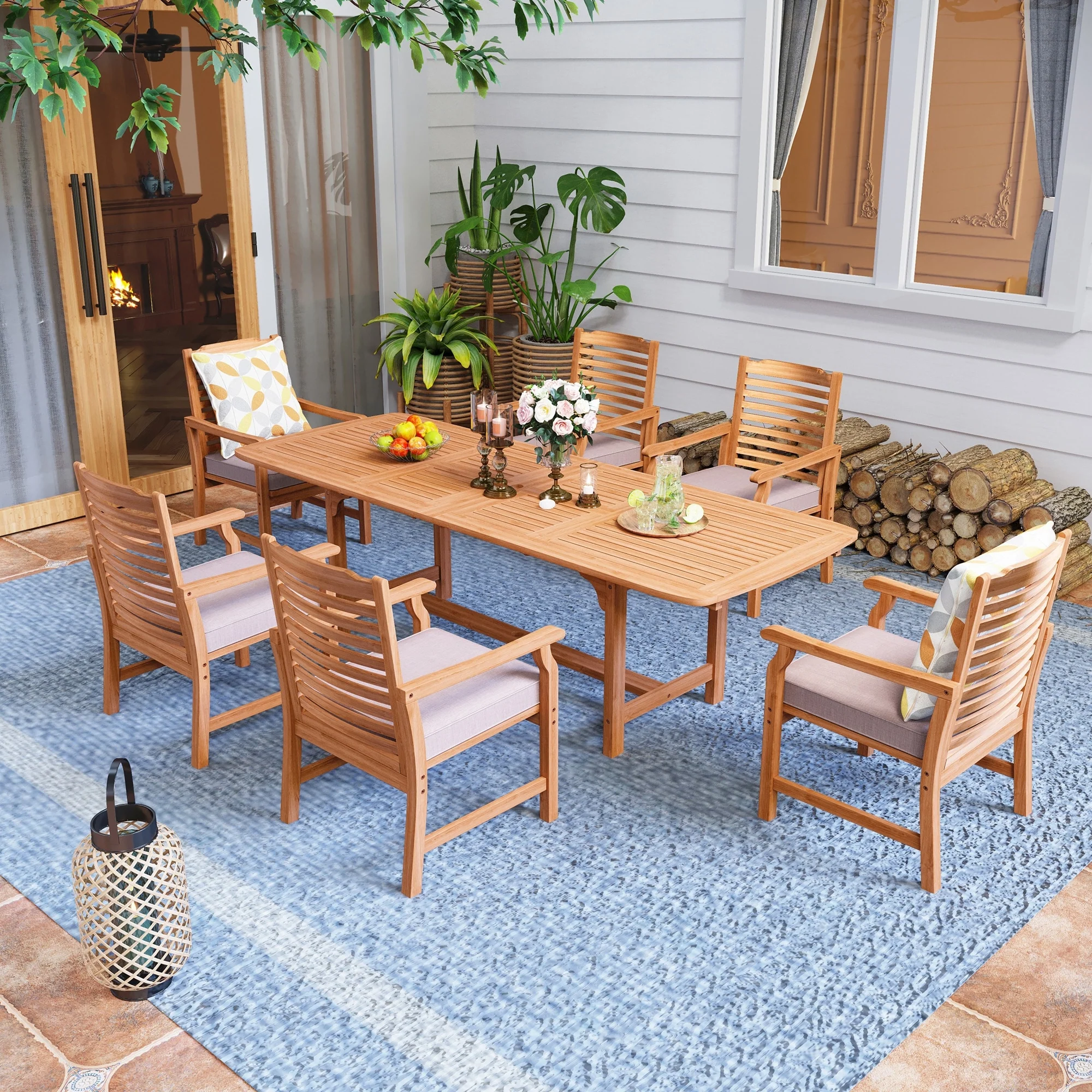 MAISON ARTS Outdoor 7/9-Piece Solid Acacia Wood Dining Set, Expandable Dining Table and 6/8 Wood Dining Chairs