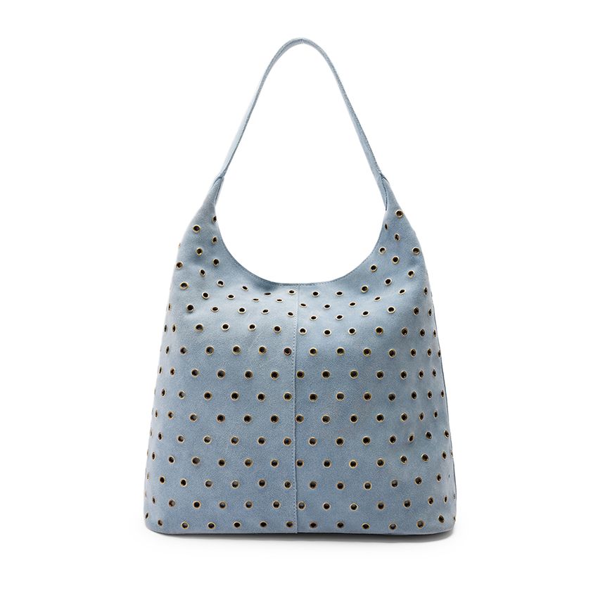 Manfield Licht blauwe suède schoudertas met zilveren studs