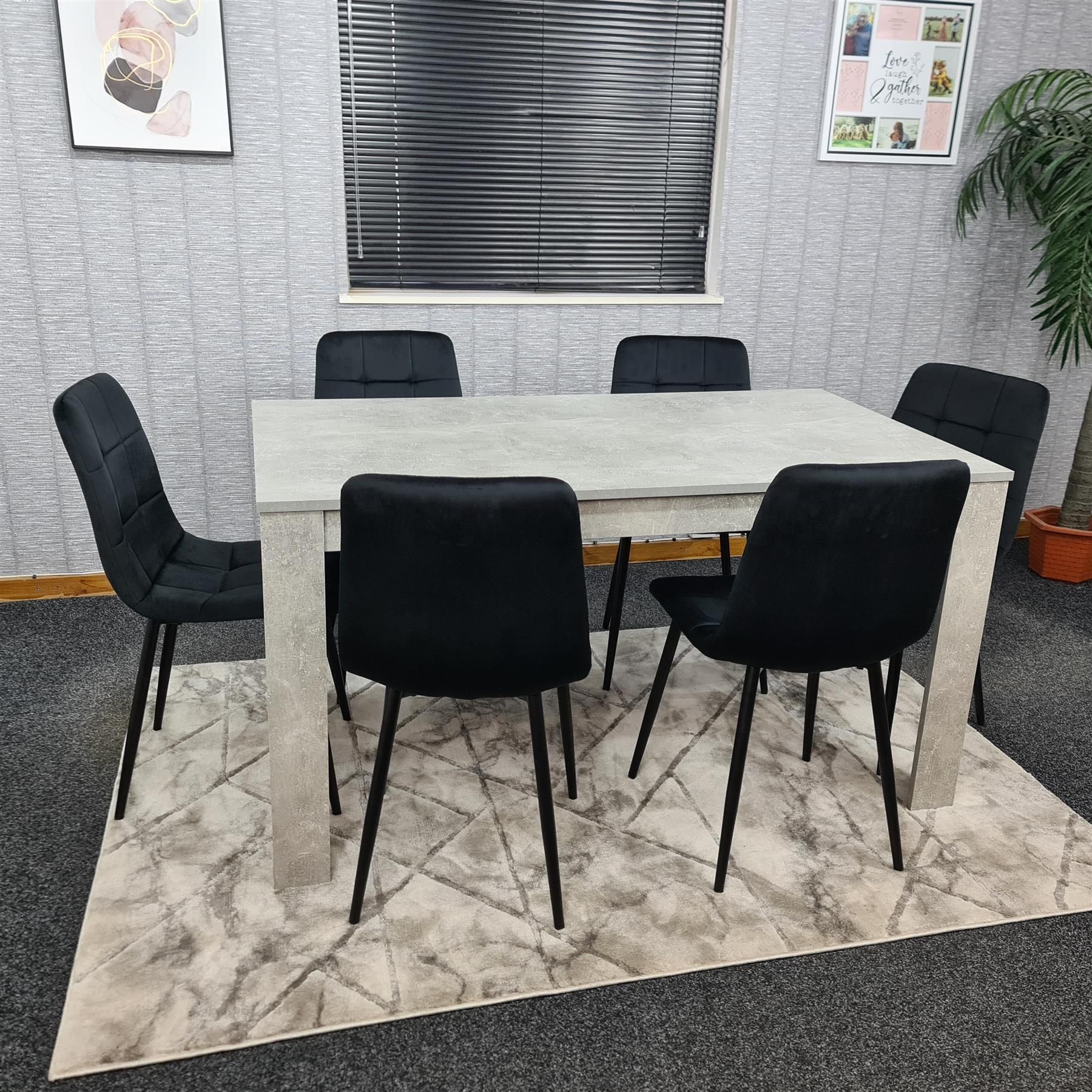 KOSY KOALA Stone Grey Effect Wooden Dining Table Set With 6 Black Velvet Chairs Dining Room Furniture