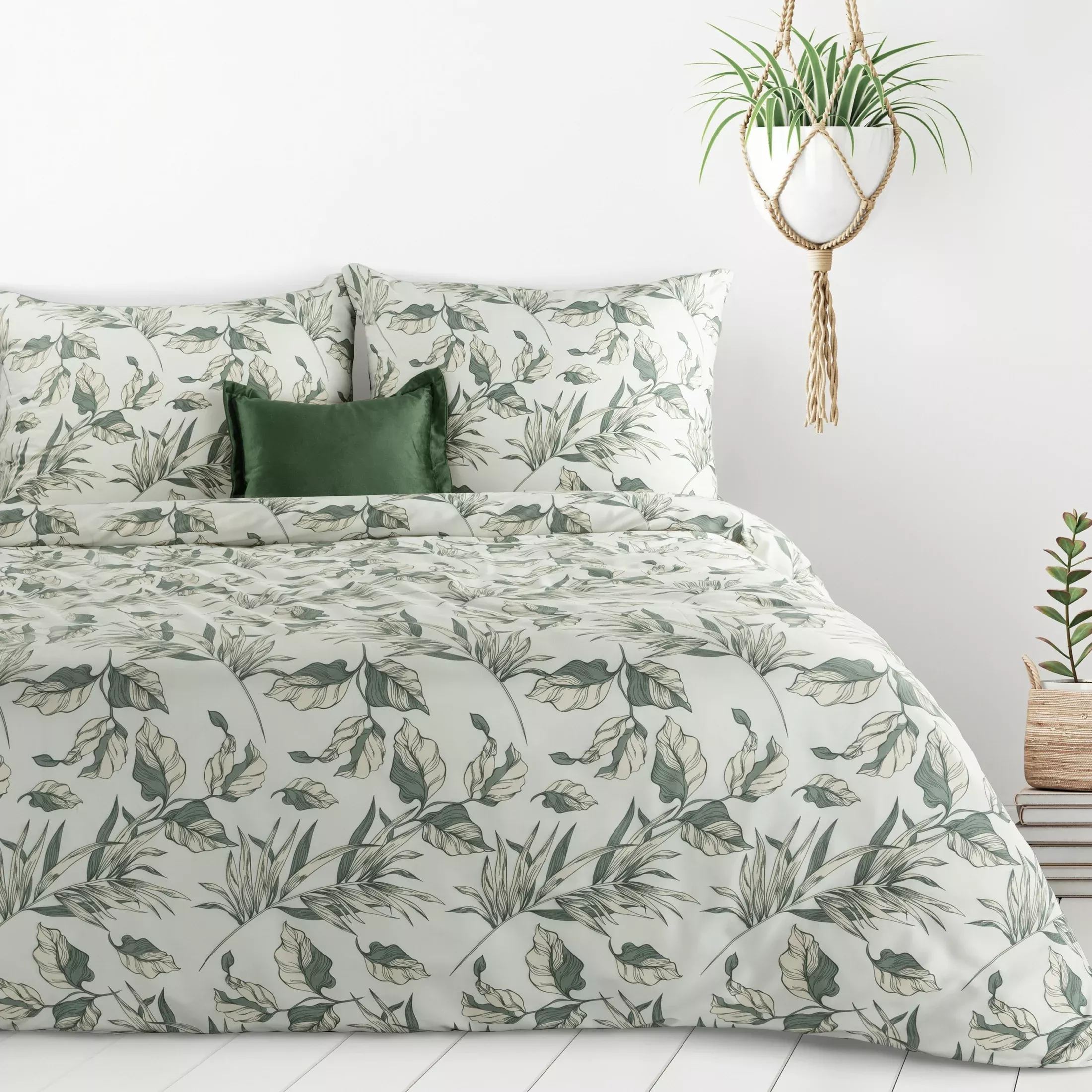 Pościel 140x200 cm komplet 2 częściowy kolor zielono, biały z motywem liści DONNA Design 91