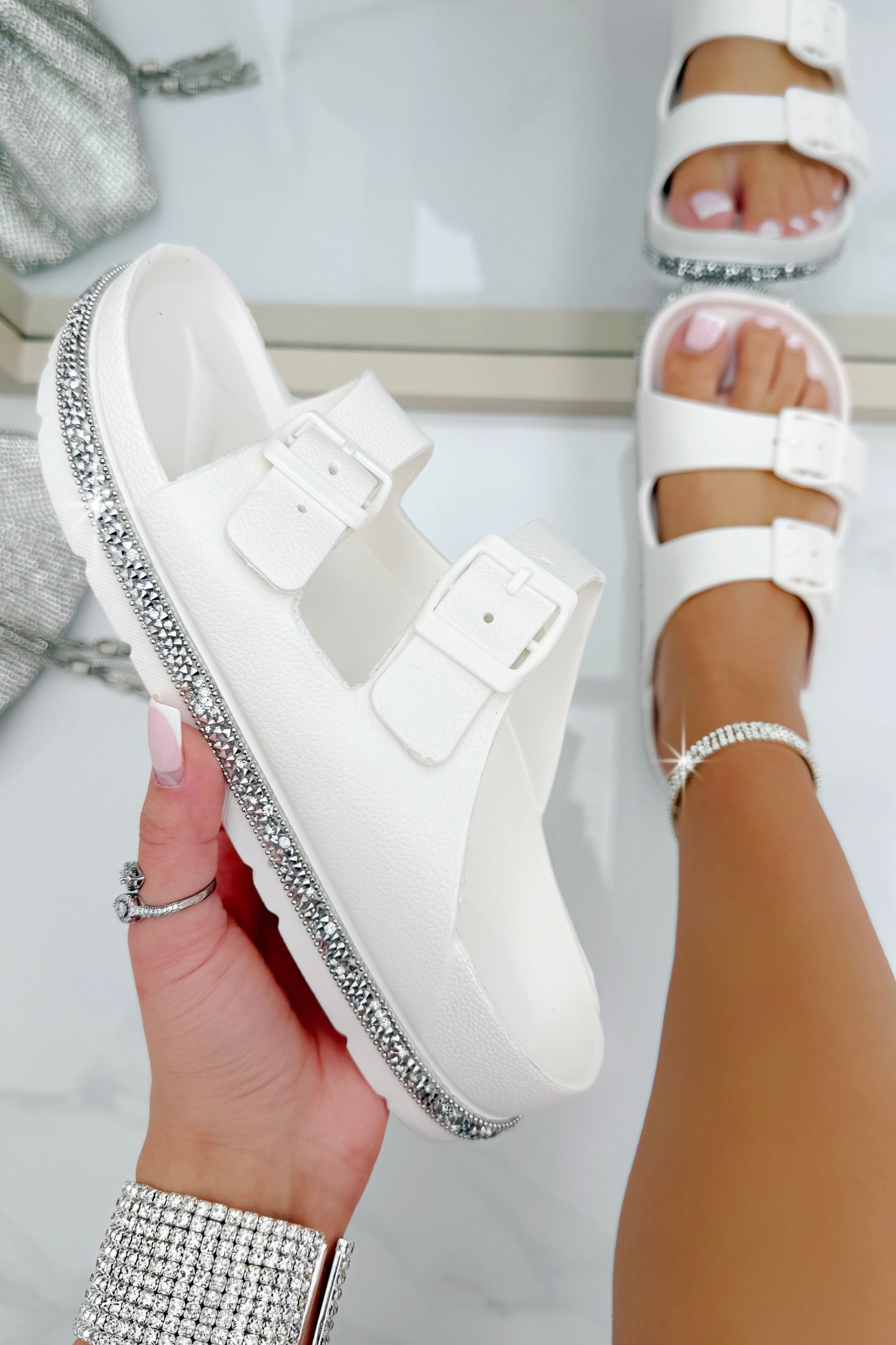 Love Lemonade Crystal Trim Lightweight Double Strap Sliders