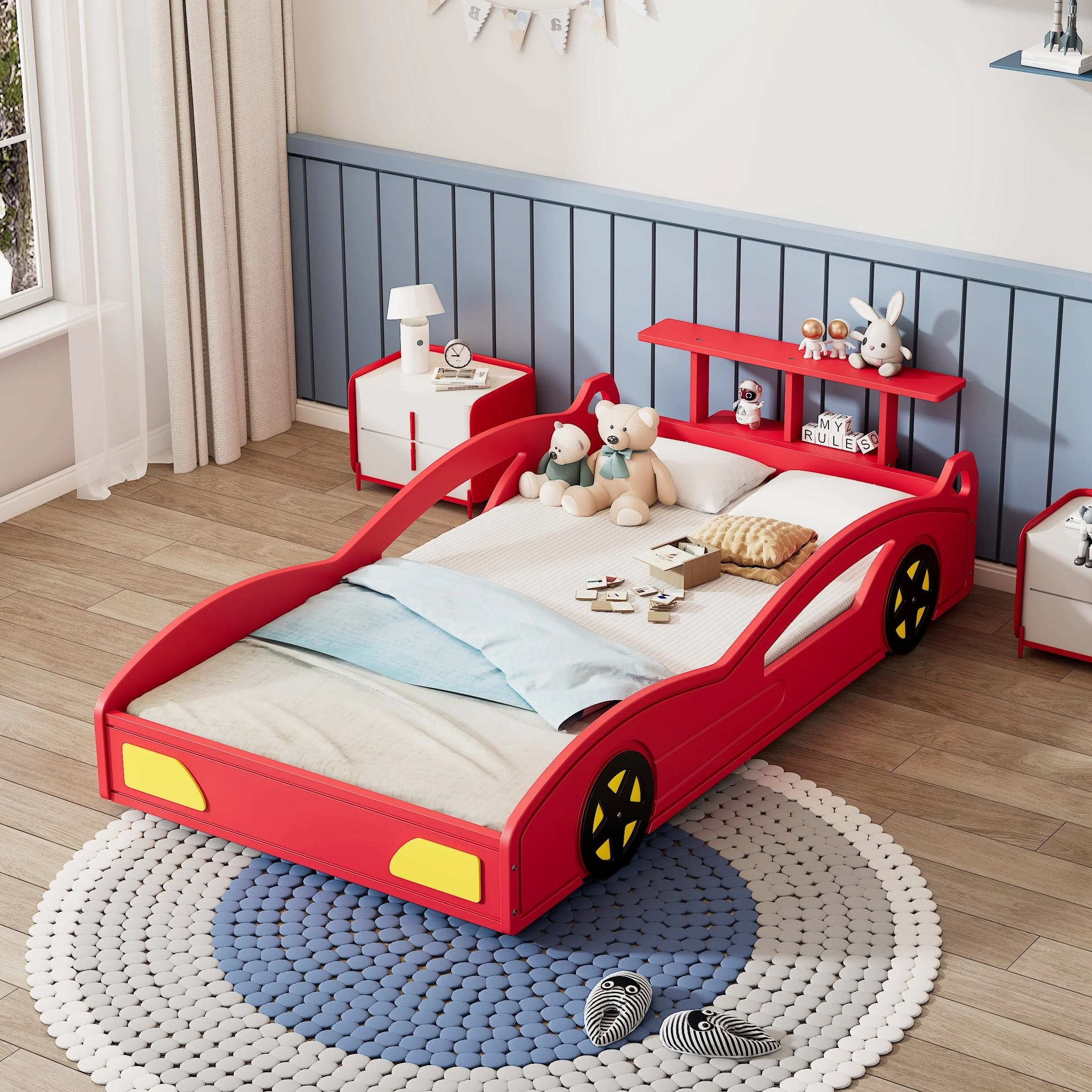 Roomfitters Wooden Race Car Platform Bed, Car-Shaped Twin Bed with Wheels for Teens