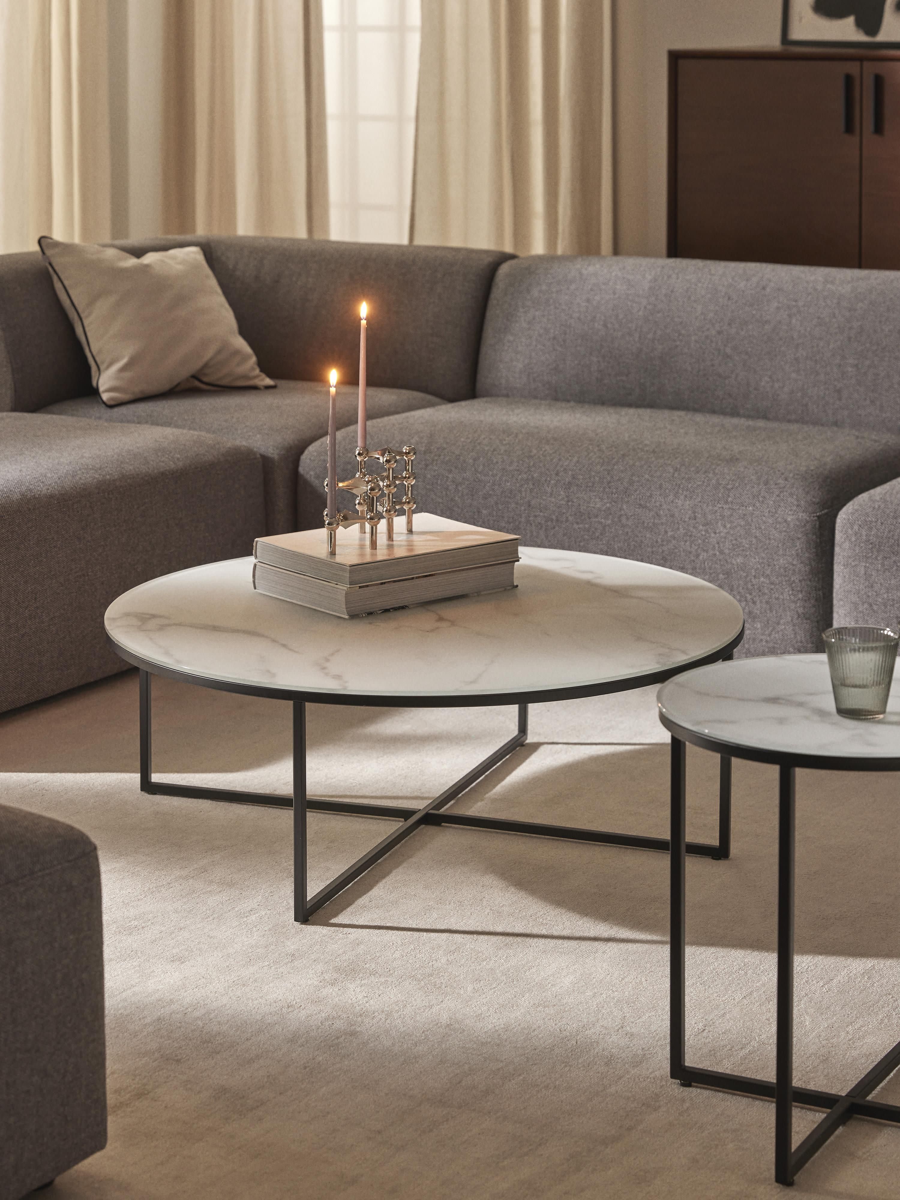 Runder XL-Couchtisch Antigua mit Glasplatte in Marmor-Optik