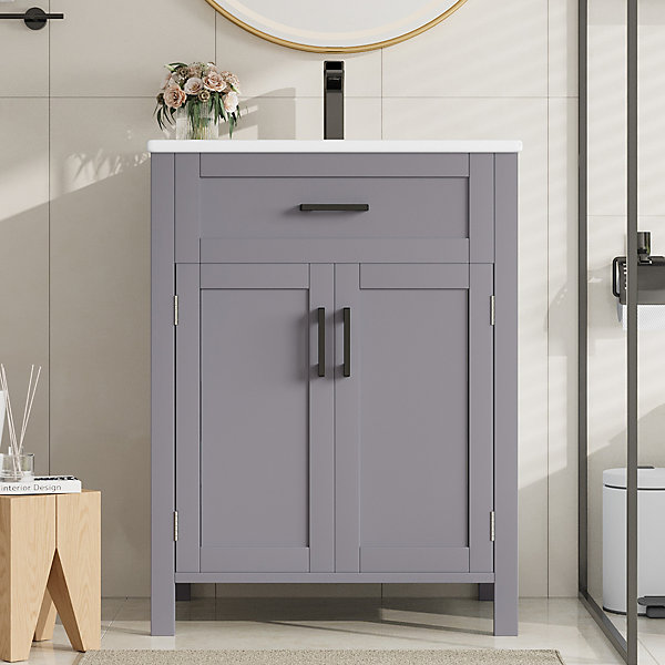 Meuble de salle de bain sur pied 60 x 46 x 84,8 cm,vasque en céramique intégrée,finition laquée,tiroirs,étagères réglables,Gris